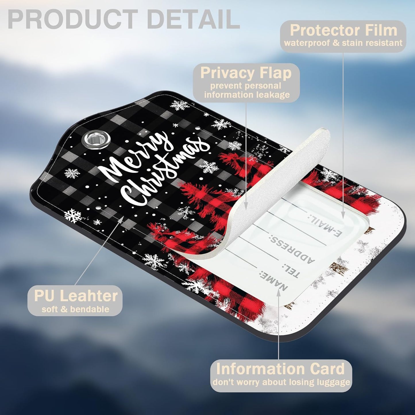 2 Pack Luggage Tags for Suitcases Red and Black Checkered Christmas Tree Leather Luggage Tags Privacy Cover ID Label with Stainless Steel Loop and Address Card for Women Men Travel Bag Backpack