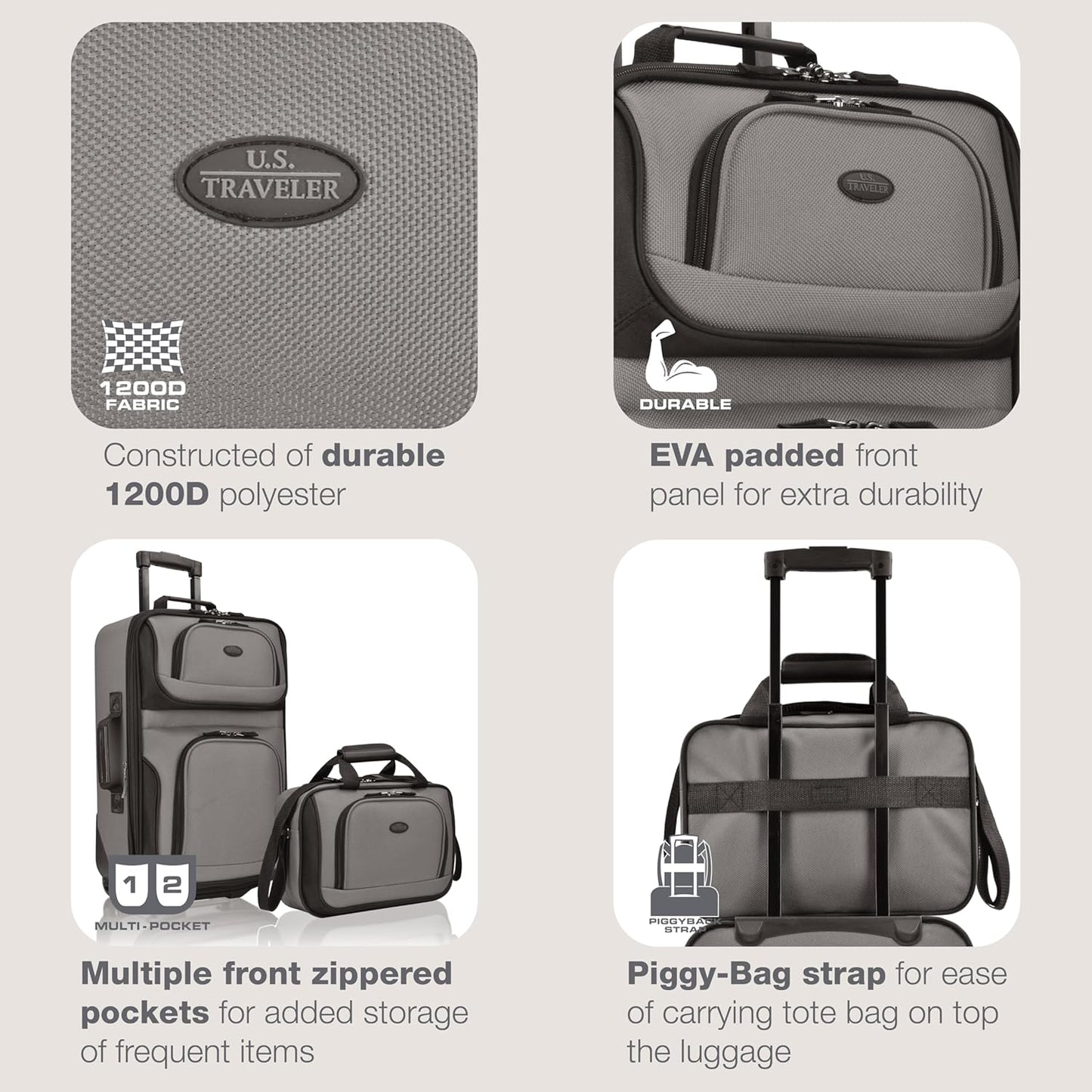 U.S. Traveler Rio Fabric Expandable Carry-on Luggage, Rolling Suitcase, Grey, 2 Wheel Set