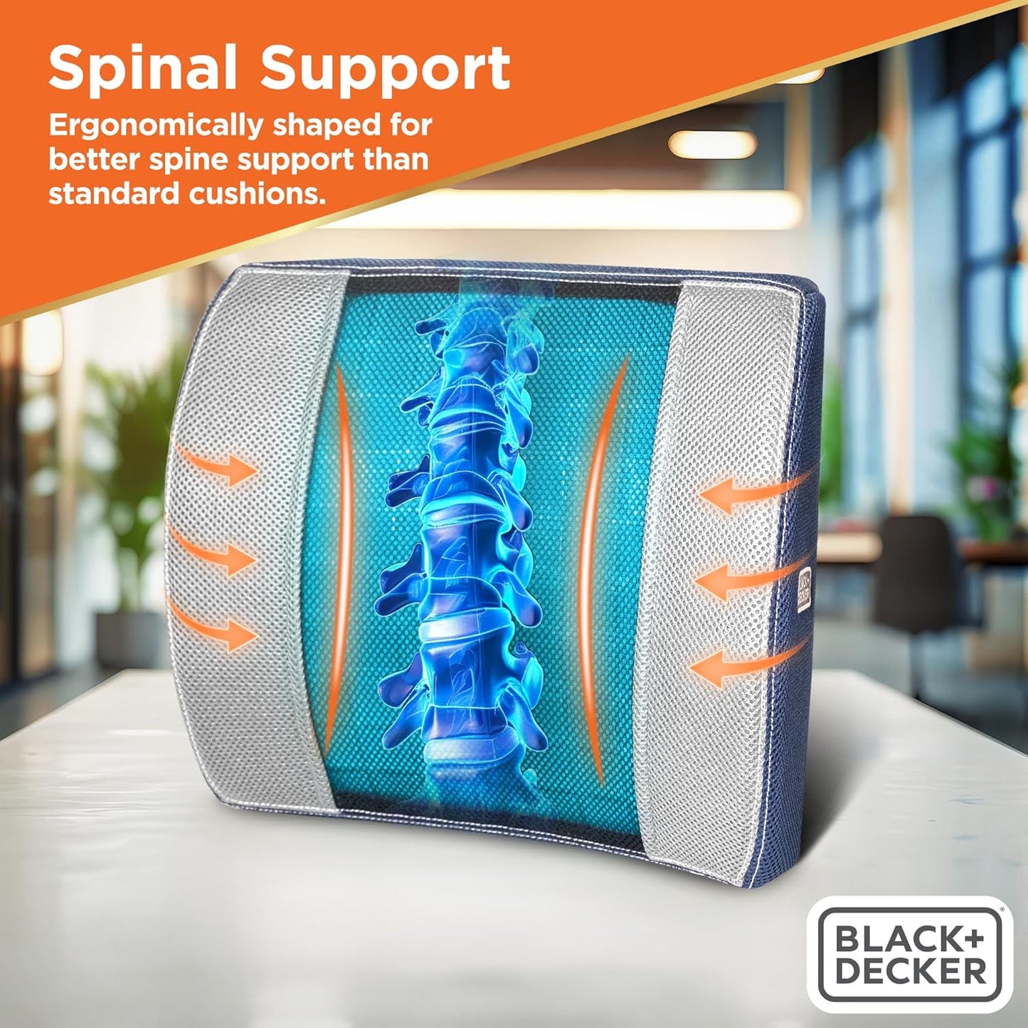 BLACK+DECKER Cooling Gel Lumbar Memory Foam Cushion – Ergonomic Back Support Travel Pillow with Ventilated Mesh, Adjustable Strap, Slow Rebound Memory Foam, Washable Cover