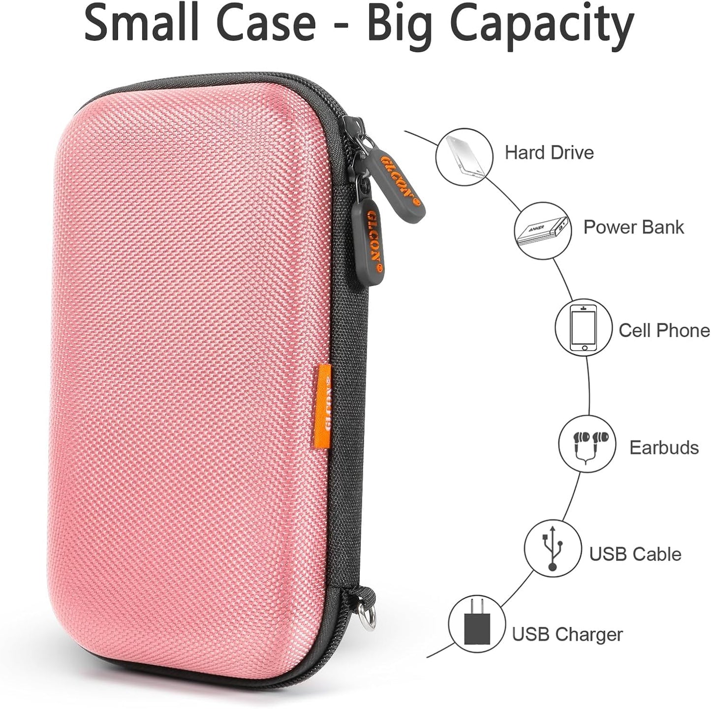 GLCON Electronic Organizer Travel Case - Shockproof Carrying Case Hard Protective Tech Pouch for Power Bank, Earbuds, Hard Drive, Smartphone, Cable, Charger, Adapter - Small Zipper Storage Bag - Pink