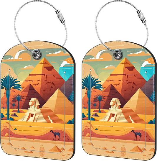 2 Pack Cute Luggage Tag for Suitcases Pyramid of Egypt Leather Luggage Tags with Stainless Steel Loop Privacy Flap Name Tags,Men and Women Travel Bag Suitcase Tags