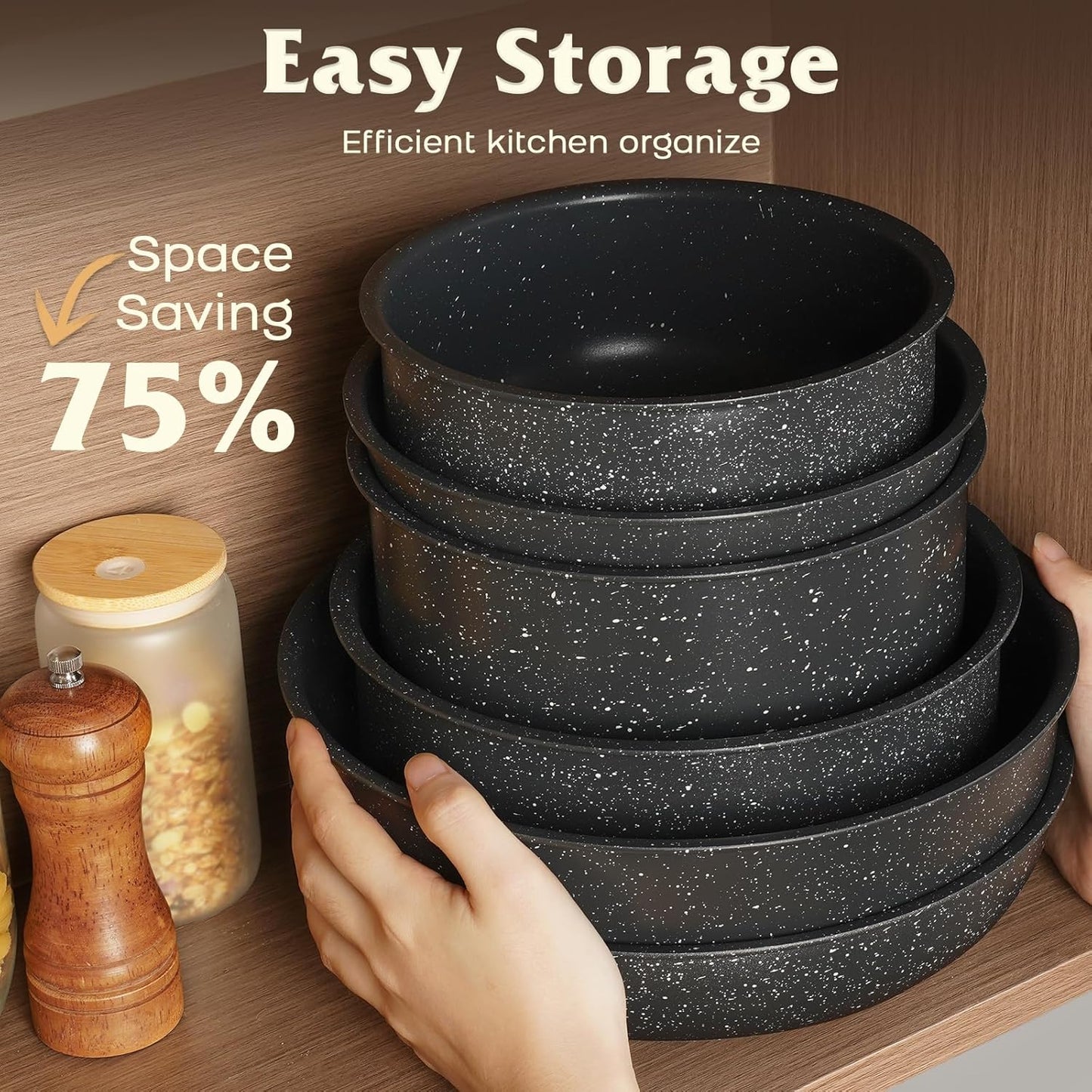 17 Pcs Pots and Pans Set Non Stick, Cookware Sets with Detachable Handle, Nonstick RV Kitchen Cooking Tools Removable Handles, Oven Safe, Induction Fast, Stackable Induction Cookware, Black