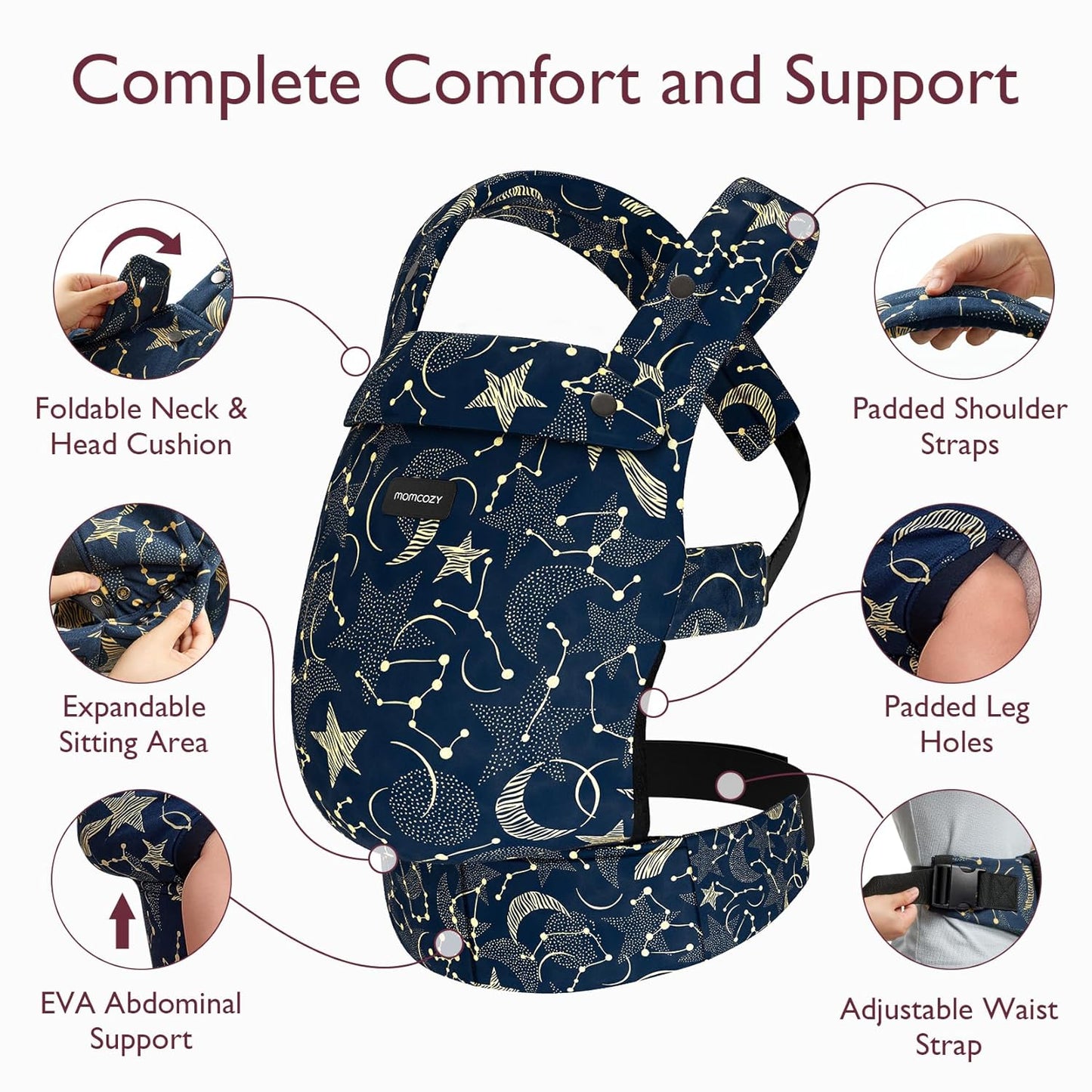 Momcozy Baby Carrier - Ergonomic, Cozy and Lightweight Carrier for 7-44lbs, Effortless to Put On, Ideal for Hands-Free Parenting, Enhanced Lumbar Support, Starry Night