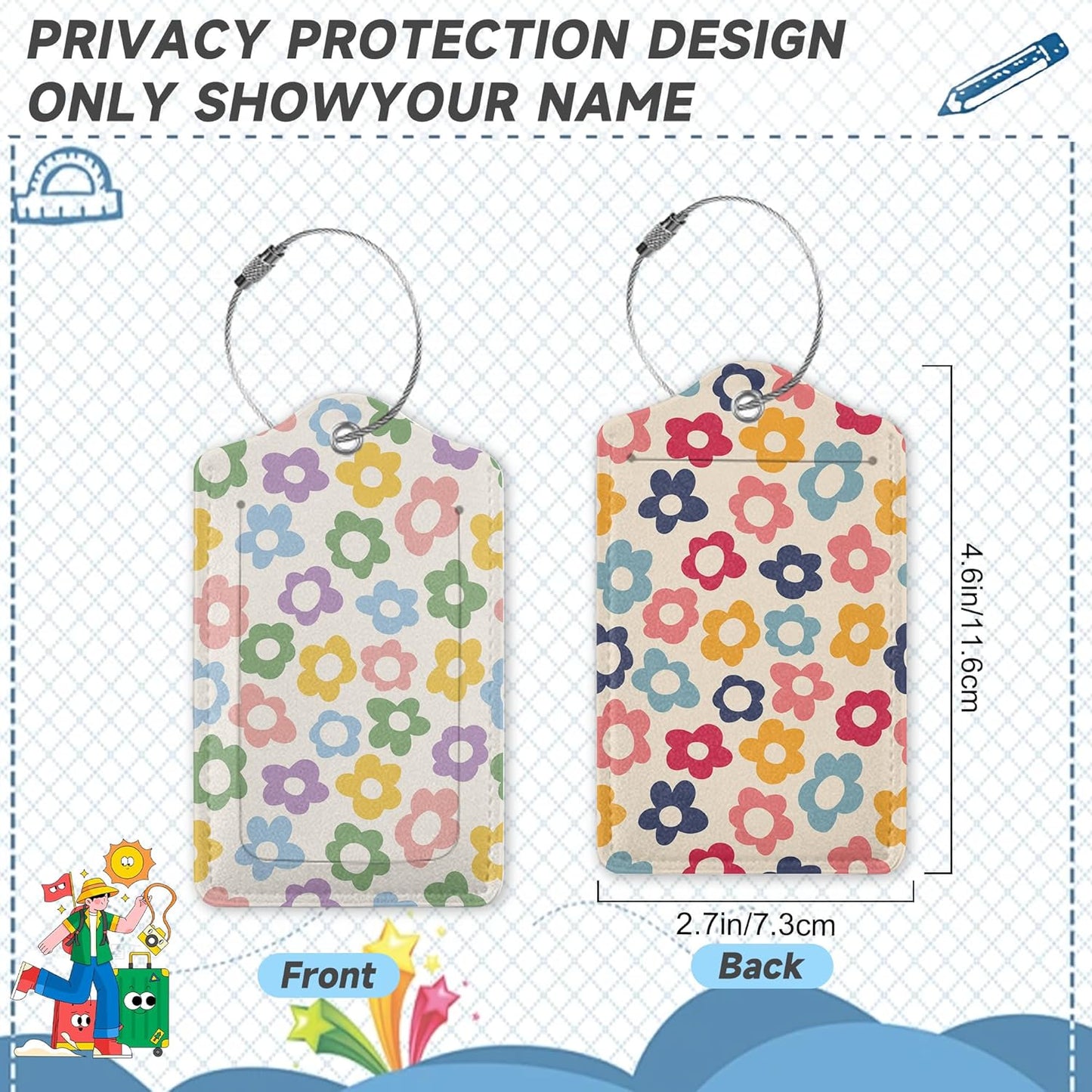 2 Pack Luggage Tag for Suitcase, Vintage Groovy Flower Leather Bag Tags Identifiers Privacy Cover ID Label with Durable Steel Loop for Women Men Kids Girls Travel