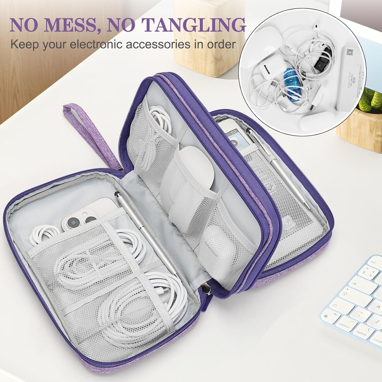 FYY Electronic Organizer, Large Travel Cable Organizer Bag Pouch Electronic Accessories Carry Case Portable Waterproof Double Layers All-in-One Storage Bag for Cable, Cord, Charger, Dark Purple