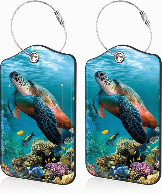 2 Pcs Sea Turtle Luggage Tags for Suitcases PU Leather Baggage Tags Name ID Label with Privacy Cover and Stainless Steel Loop for Men Women Travel Bag Suitcase