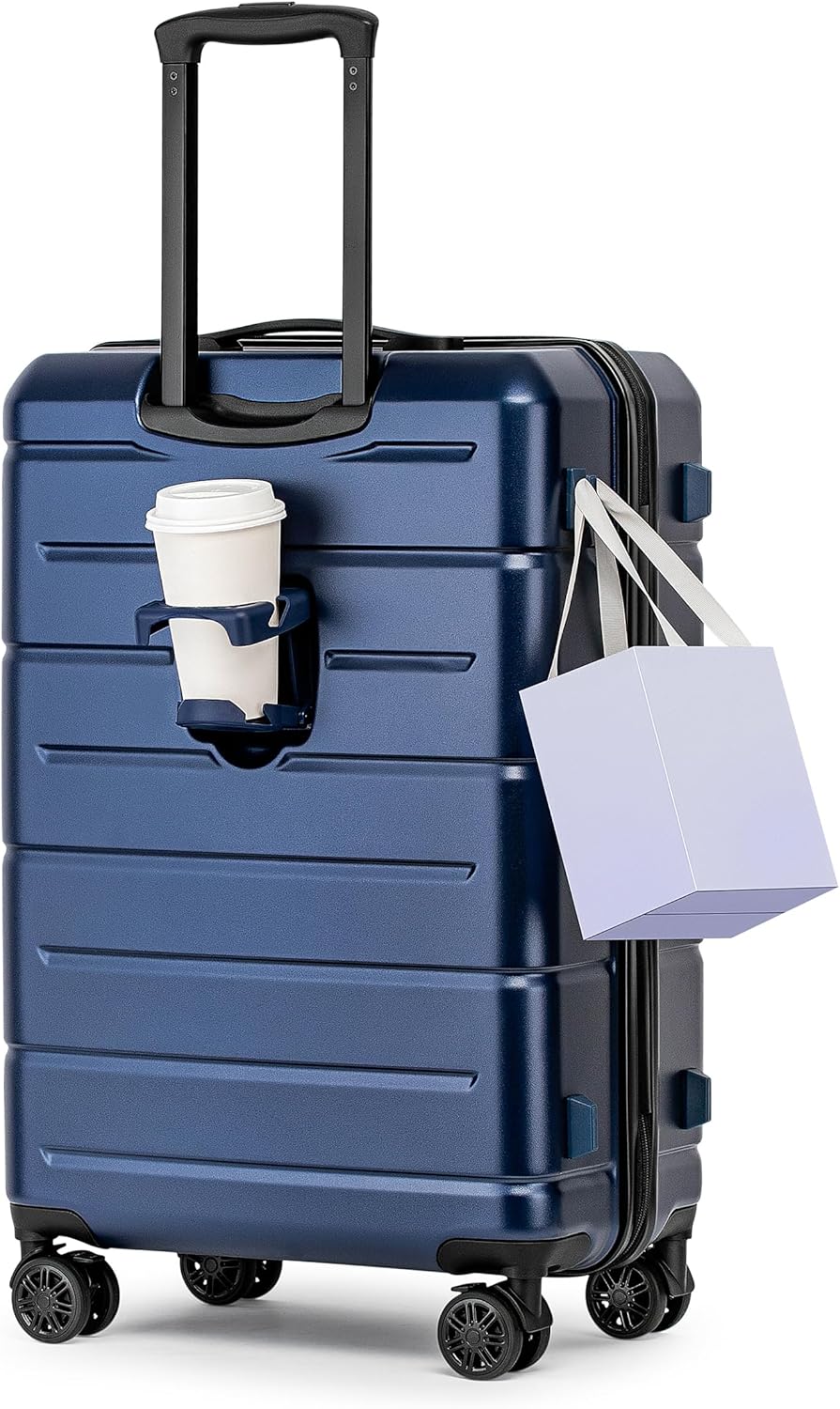 KYME Suitcases with Wheels Hardshell 26 Inch Luggage with TSA Lock Durable Medium Checked Travel Rolling Luggage with Cup Holder for Women Men Navy