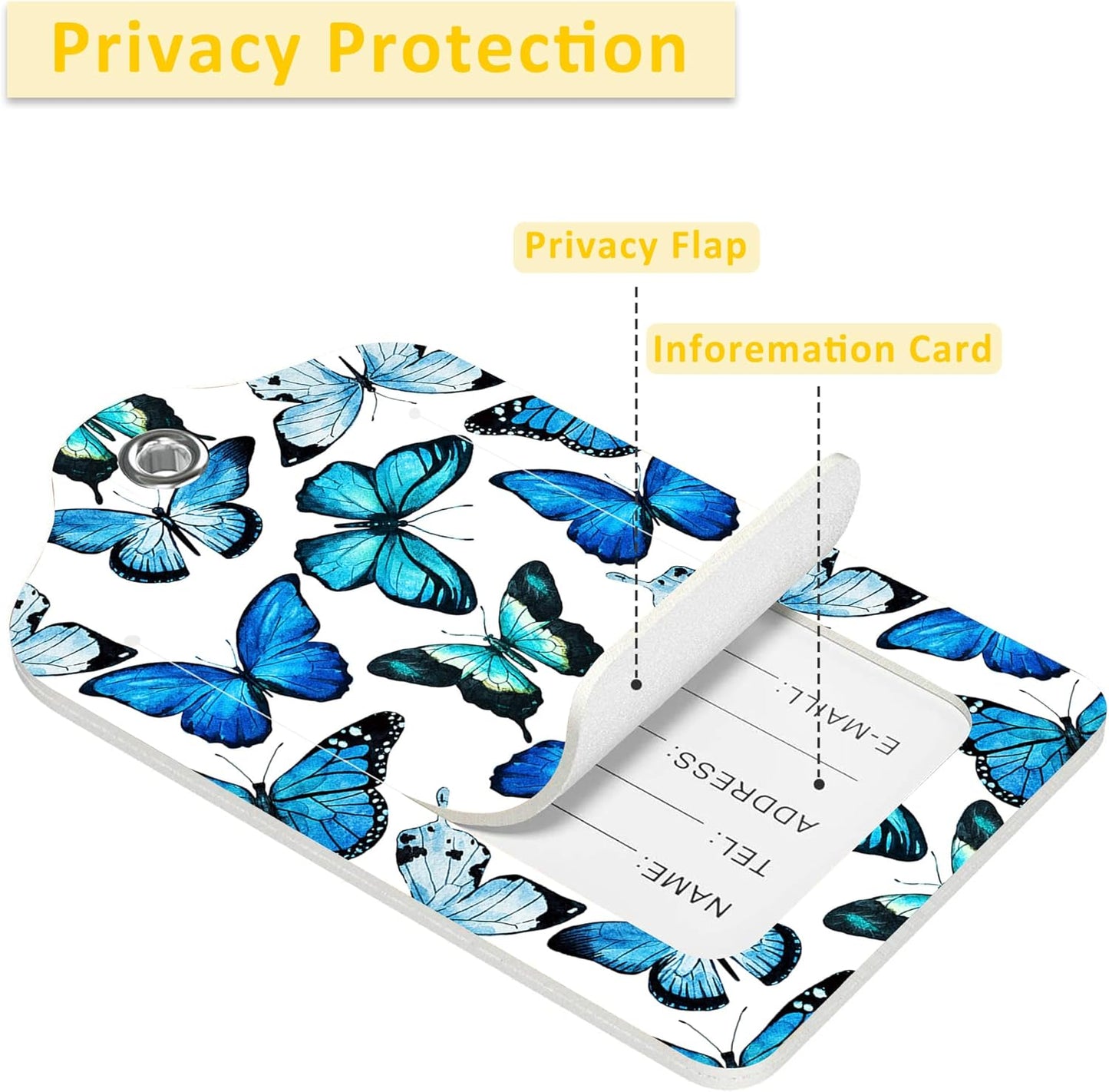 2 Pack Luggage Tag for Suitcase,Beautiful Blue Butterfly PU Leather Suitcase Tags Identifiers with Privacy Name Address Labels and Durable Steel Loop for Women Men Travel