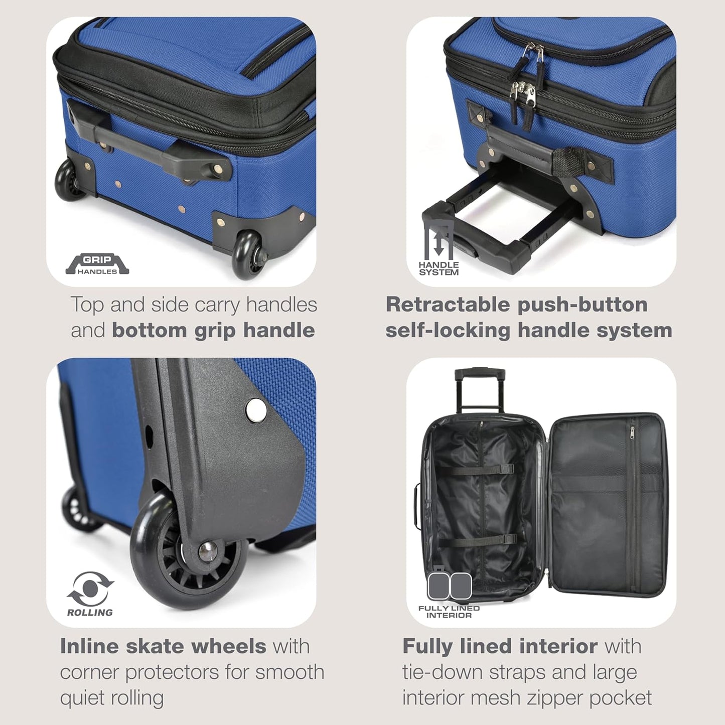 U.S. Traveler Rio Softside Expandable Carry-on Rolling Luggage, Royal Blue, 2 Wheel Set