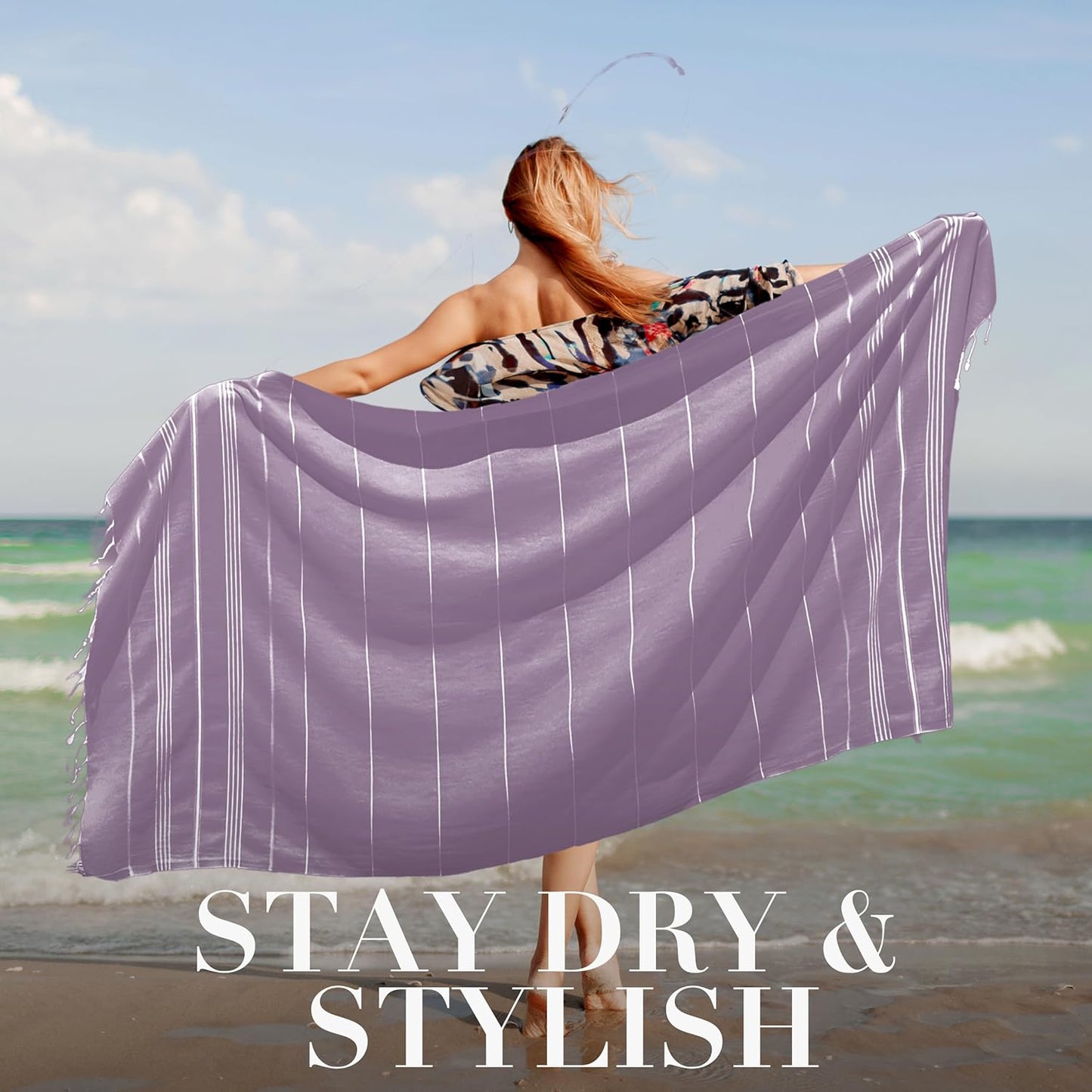 Turkish Beach Towel - 40x71 inch Oversized Sand Resistant Prewashed Turkish Towel - 100% Turkish Cotton Quick Drying, Compact, Lightweight Turkish Towel for Beach, Bath, Pool, Gym, Yoga.