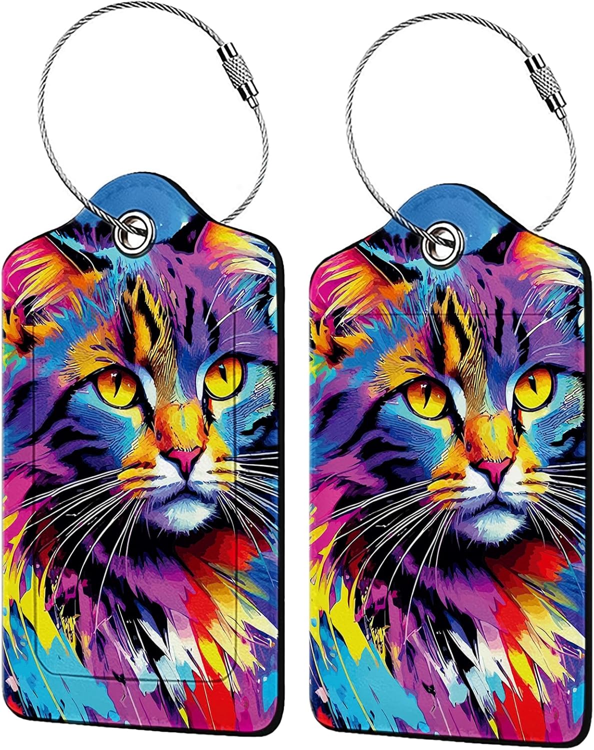 Colorful Cat 2 Pack Luggage Tag for Suitcase, Leather Bag Tags Identifiers Privacy Cover ID Label with Steel Loop for Women Men Kids Girls Travel