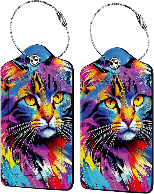 Colorful Cat 2 Pack Luggage Tag for Suitcase, Leather Bag Tags Identifiers Privacy Cover ID Label with Steel Loop for Women Men Kids Girls Travel