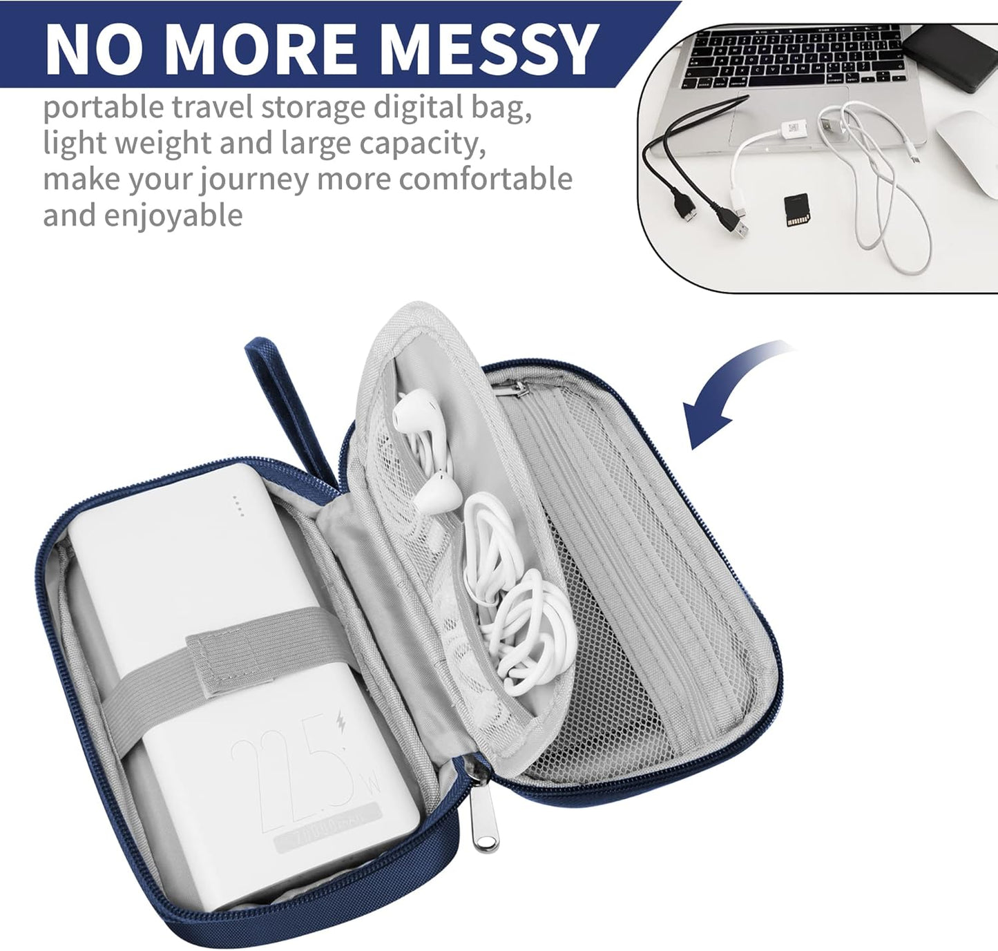 Travel Cable Organizer Bag Pouch Electronic Accessories Carry Case Portable Waterproof All-in-One Storage Bag for Cable,Charger, Phone, Hard Drive，SD Card-Navy Blue