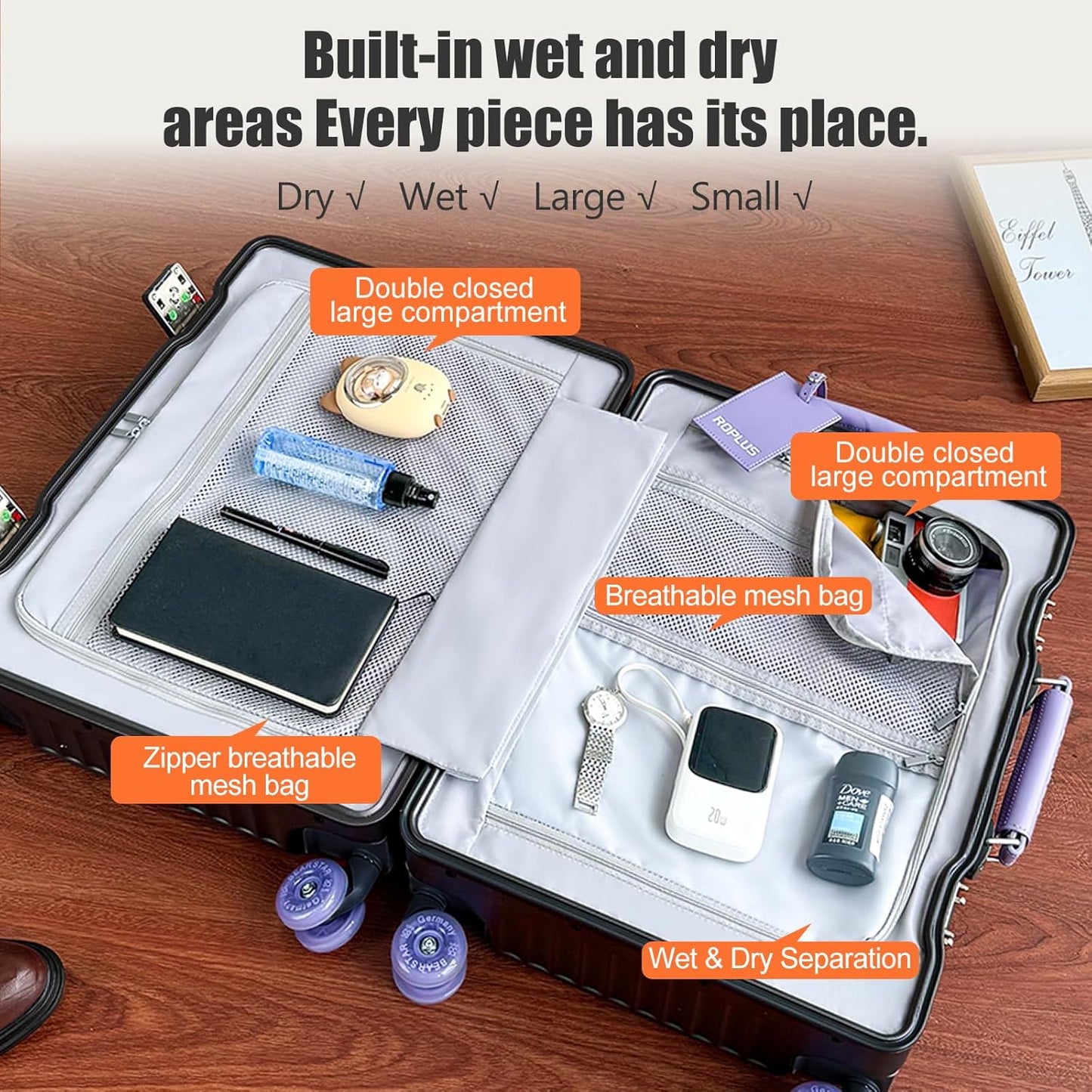 Aluminium Frame Checked-Luggage with Smooth Jelly Wheels, Hardside Zipperless Rolling Suitcase with TSA Lock (BlackPurple, 24-Inch)