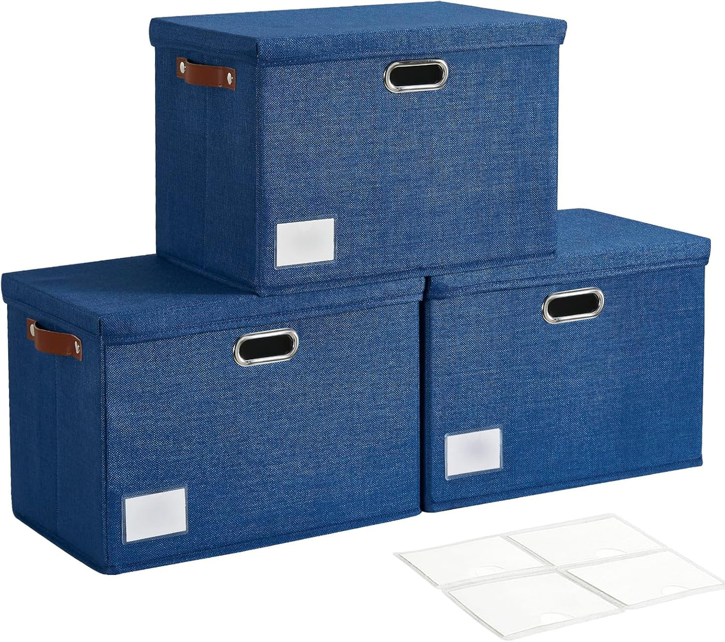 17" Large Collapsible Storage Bins with Lids, Stackable Closet Organizers with PU Handle and Labels, 3-Pack Decorative Fabric Storage Boxes for Home, Bedroom, Closet, Office, Nursery(Navy)
