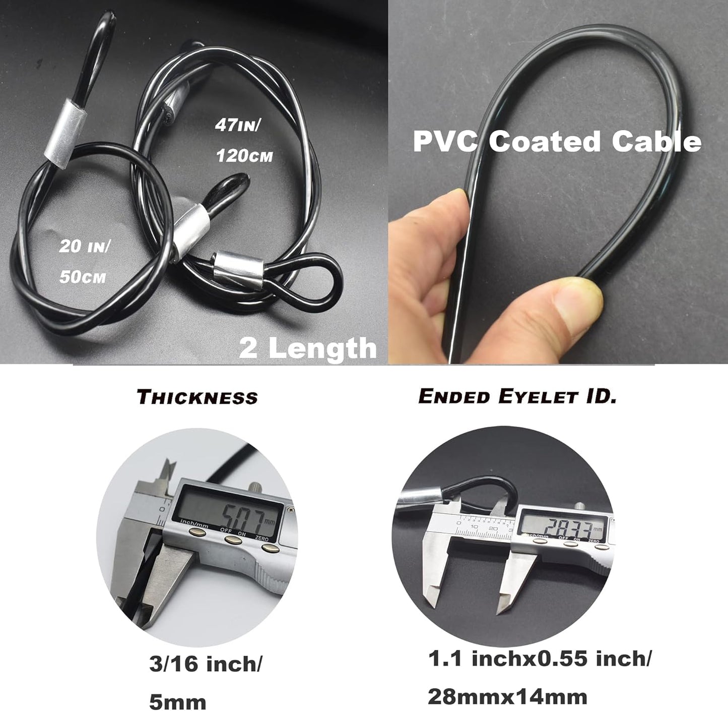 4 pcs 20 inch (50cm) 5mm Thickness Galvanized Steel Wire Rope Lanyard Cable Tether Safety Strap with Braided Steel Rubber Coated and 2 Loops Black
