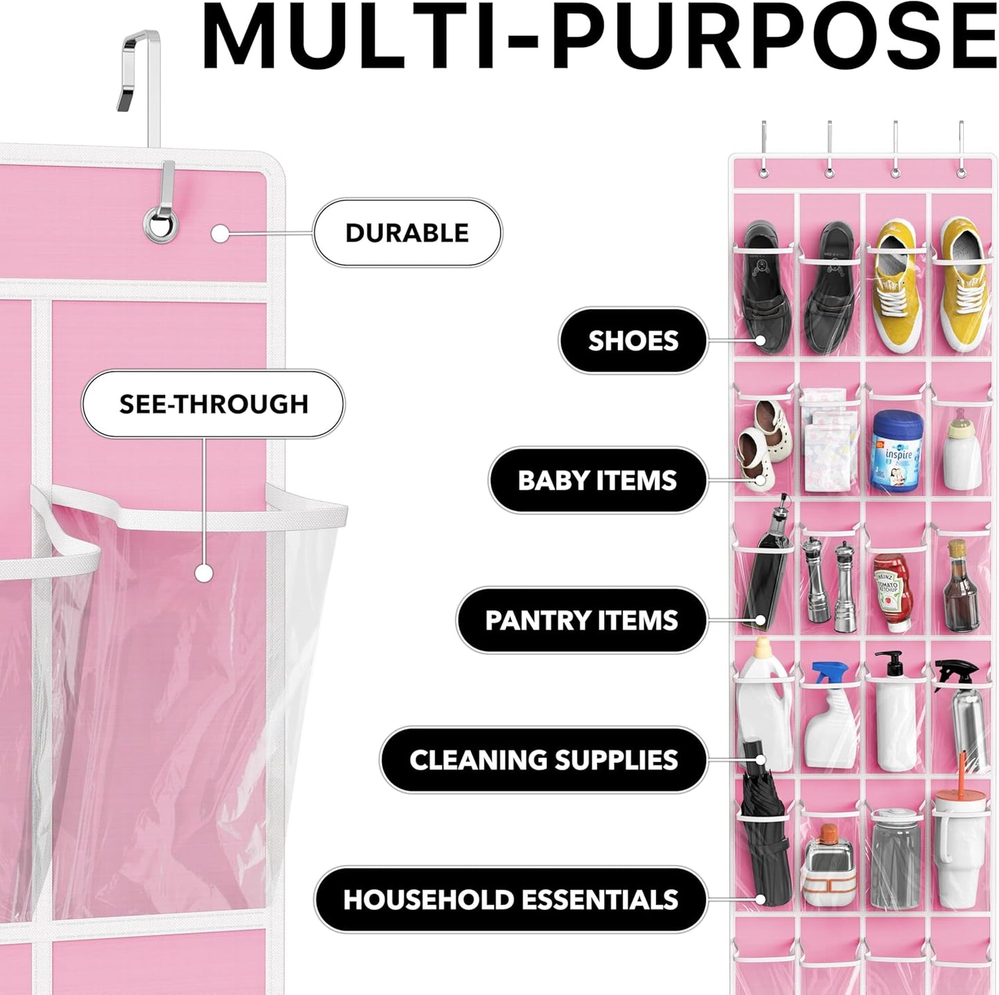 Simple Houseware 24 Pockets - Crystal Clear Over The Door Hanging Shoe Organizer, Pink (64'' x 19'')