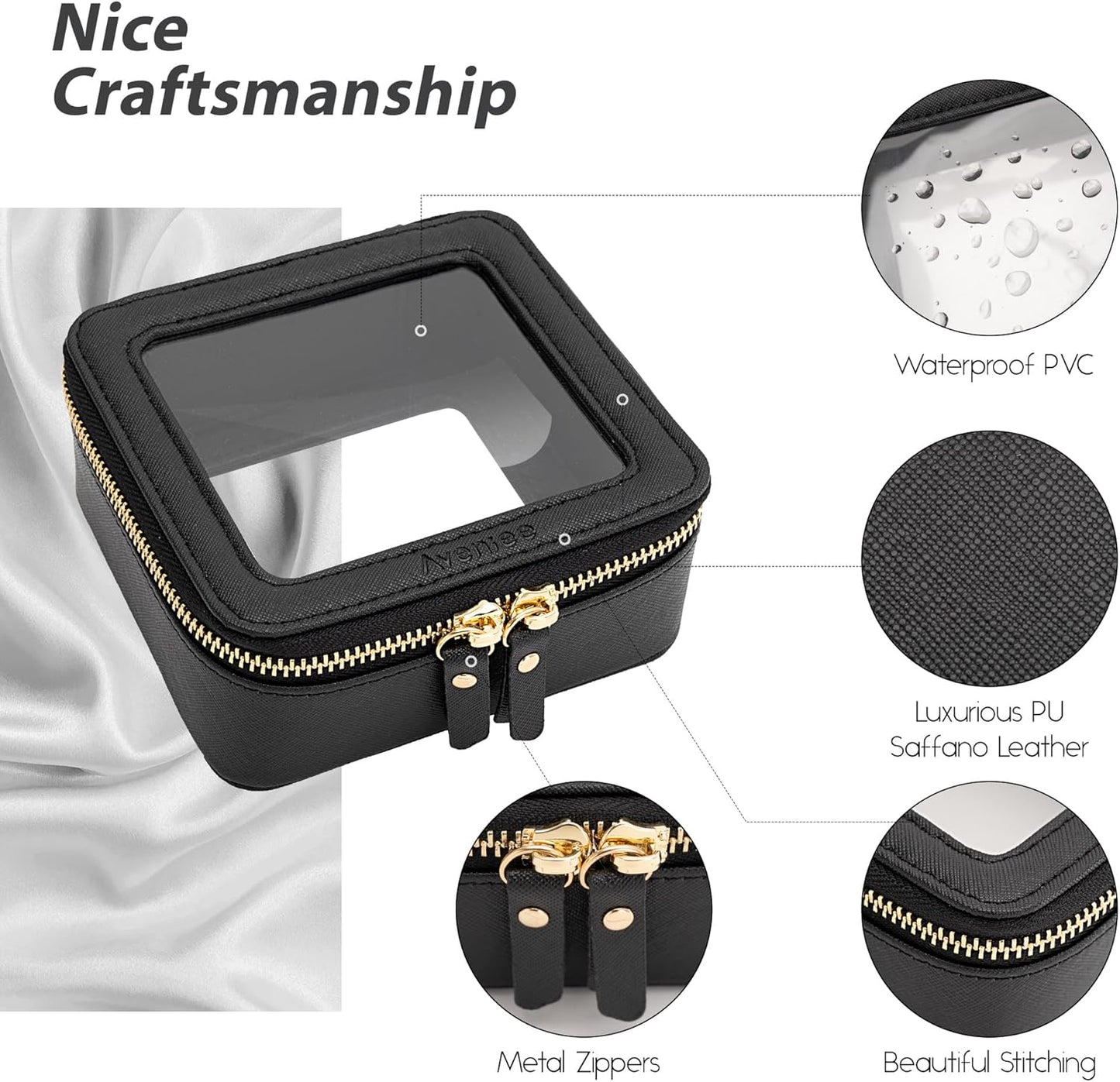 Aveniee Clear Makeup Bag Small, Mini Travel Toiletry Bag Cosmetic Bags TSA Approved, Clear Makeup Case Pouch with Zipper, Car Organizer Essentials for Women Men,Black