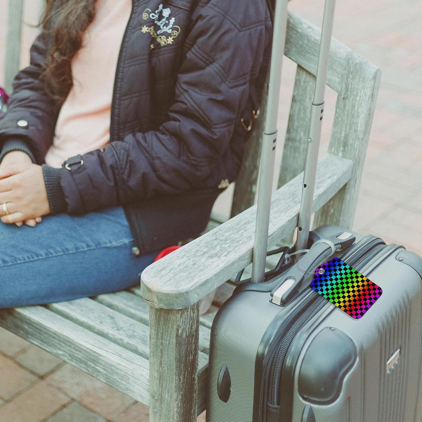 2 Pack Luggage Tags Rainbow Squares and Checkered Flag PU Leather Baggage Tag with Privacy Cover Stainless Steel Loop and Name ID Card for Men Women Travel Bag Luggage Accessories