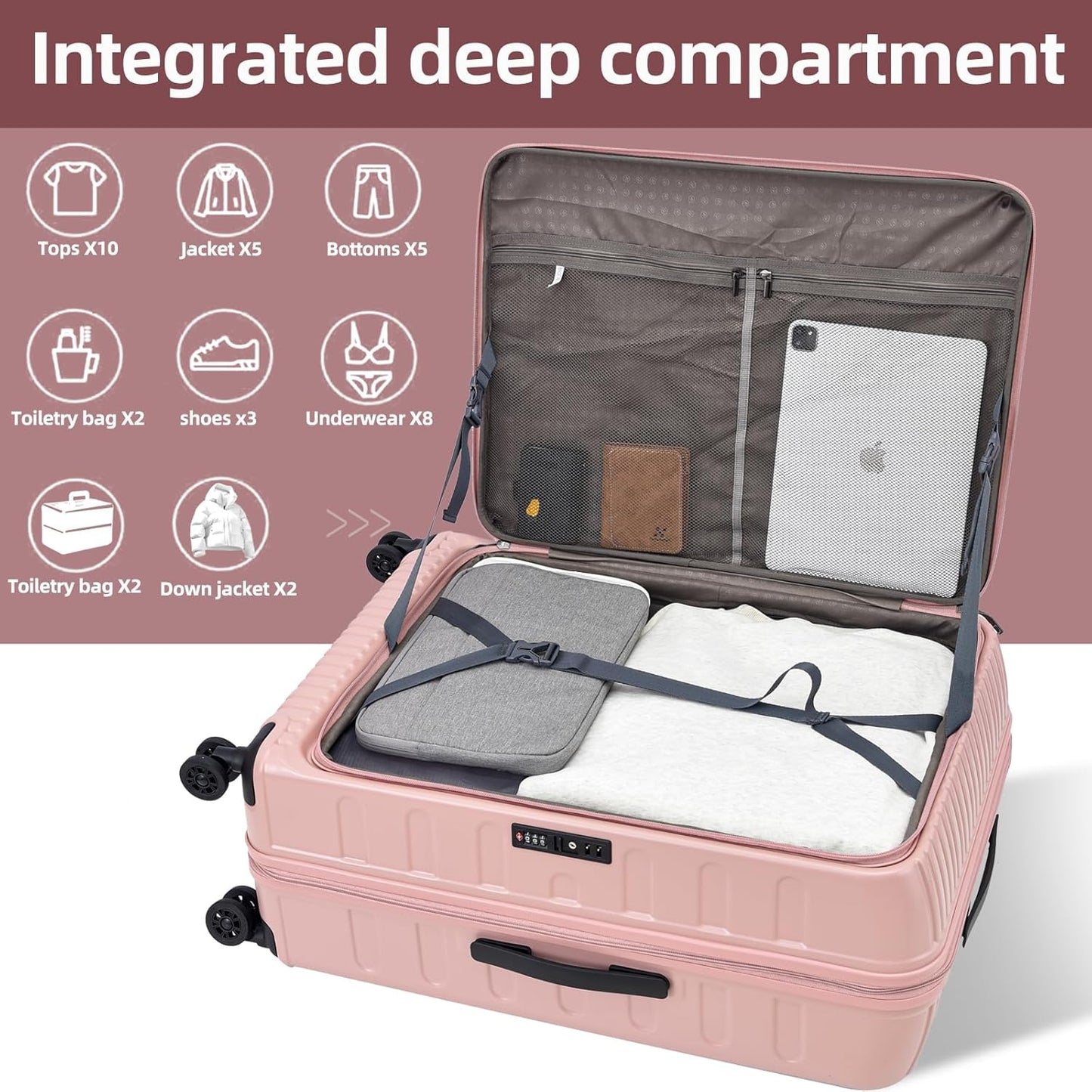 29 Inch Luggage with Expansion & Side Opening Design, 50 * 31(35)*76cm, 117L~133L Ligthweight ABS+PC Hardshell Checked Suitcase, TSA Lock & YKK Zipper with HINOMOTO 360° Wheels, Pink