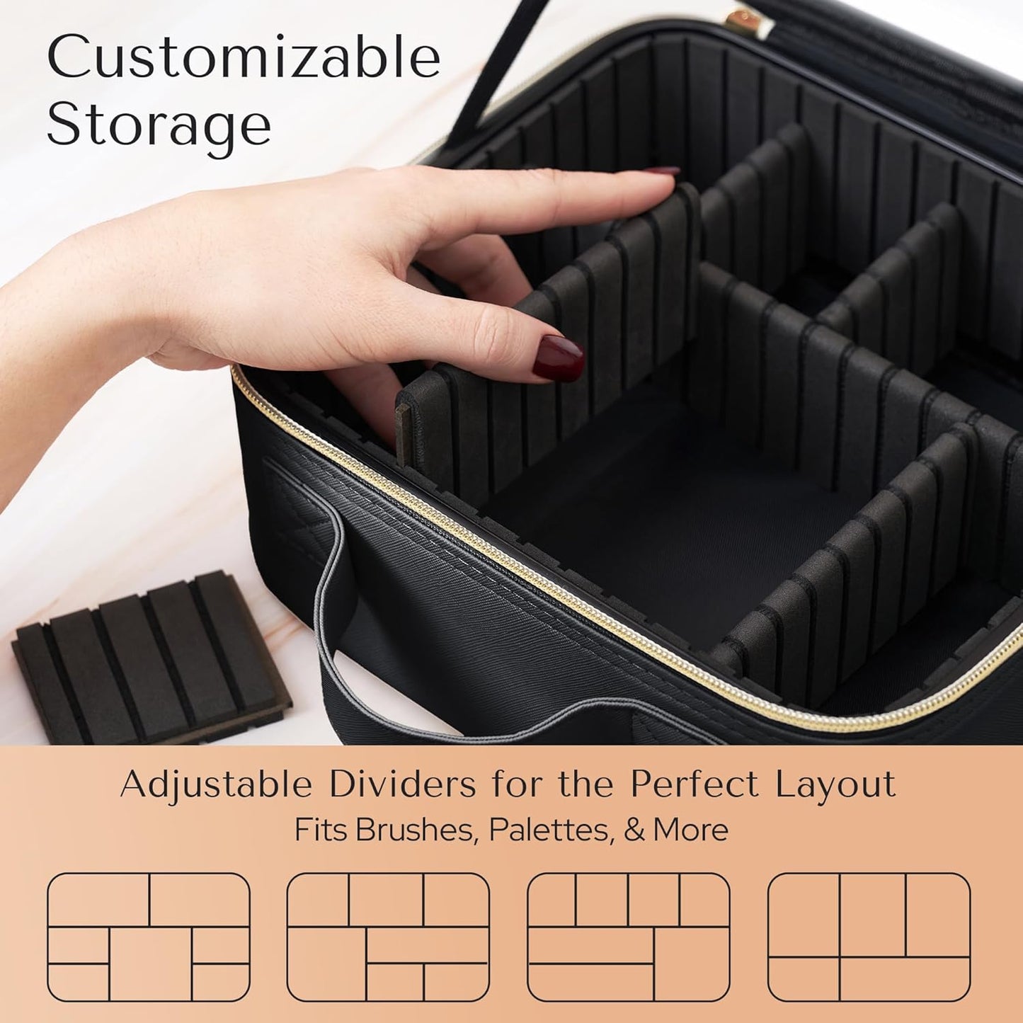 Makeup Bag with LED Mirror – Travel Cosmetic Organizer with Lighted Mirror, Adjustable Dividers & Brush Holder Storage – Portable PU Leather Makeup Case for Women & Girls - Black