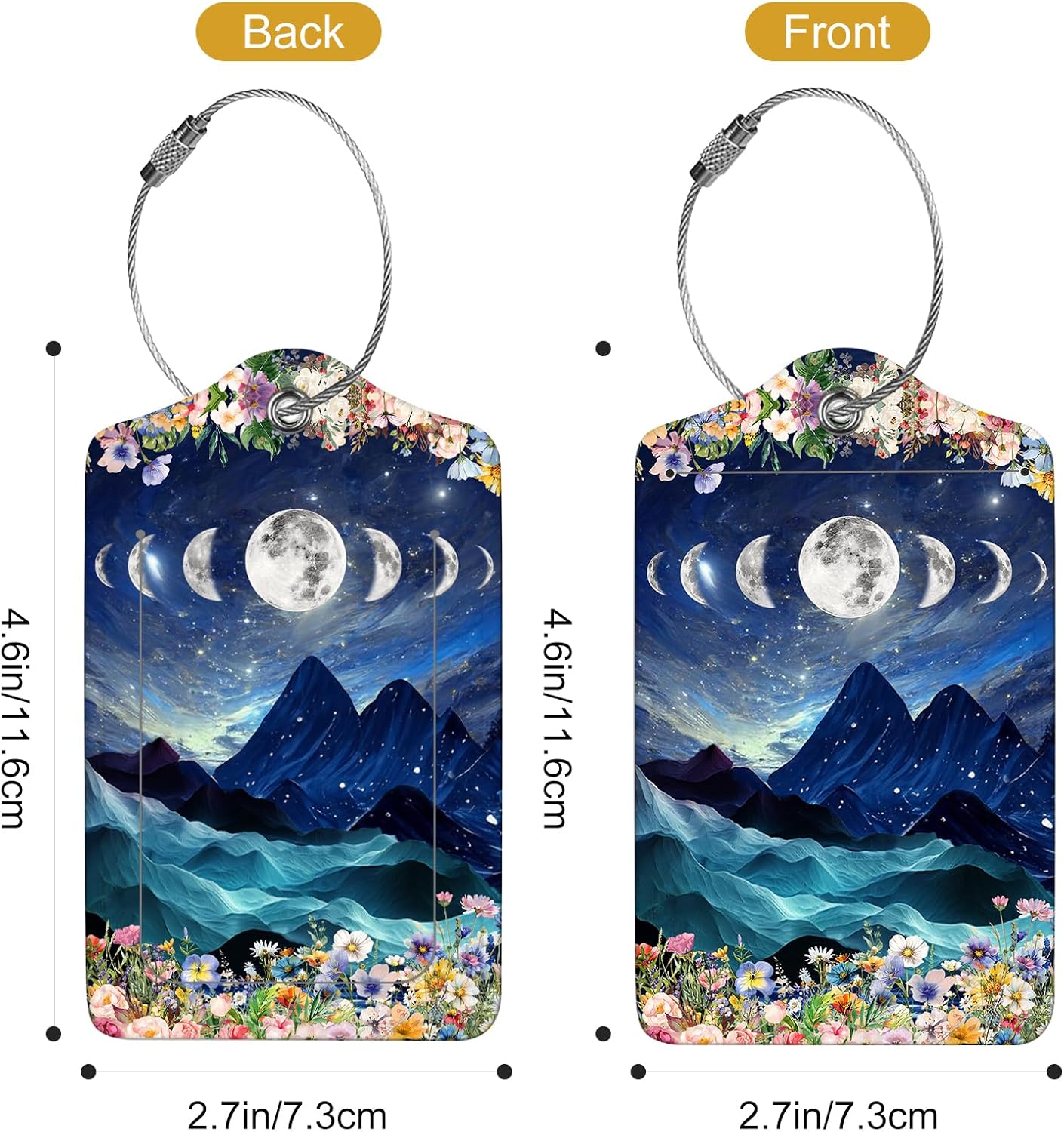 2Pack Luggage Tags for Suitcases, Cute Unique Pu Leather Cruise Luggage Tag with Privacy Cover ID Label Address Card and Metal Ring Suitable for Women Men Kids Travel Bag Mountains and The Moon