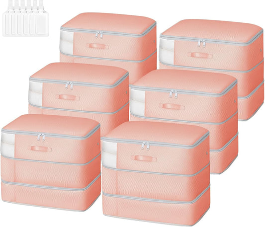 Comforter Storage Bag - Large Capacity Blanket Storage Bags 3-Layer Ultra Space Saving Self Compression Organizer, Washable Compression Bags for Storage Comforter Blanket, 6-Pack, Pink