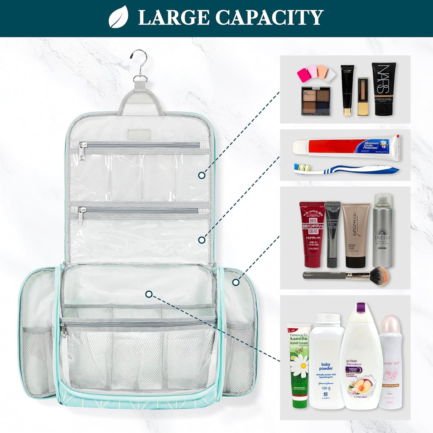 PAVILIA Large Hanging Toiletry Bag Travel Bag Women Men, Cosmetic Organizer, Water Resistant Makeup Bag Accessories Toiletries, Travel Essentials Kit, Teal Chevron