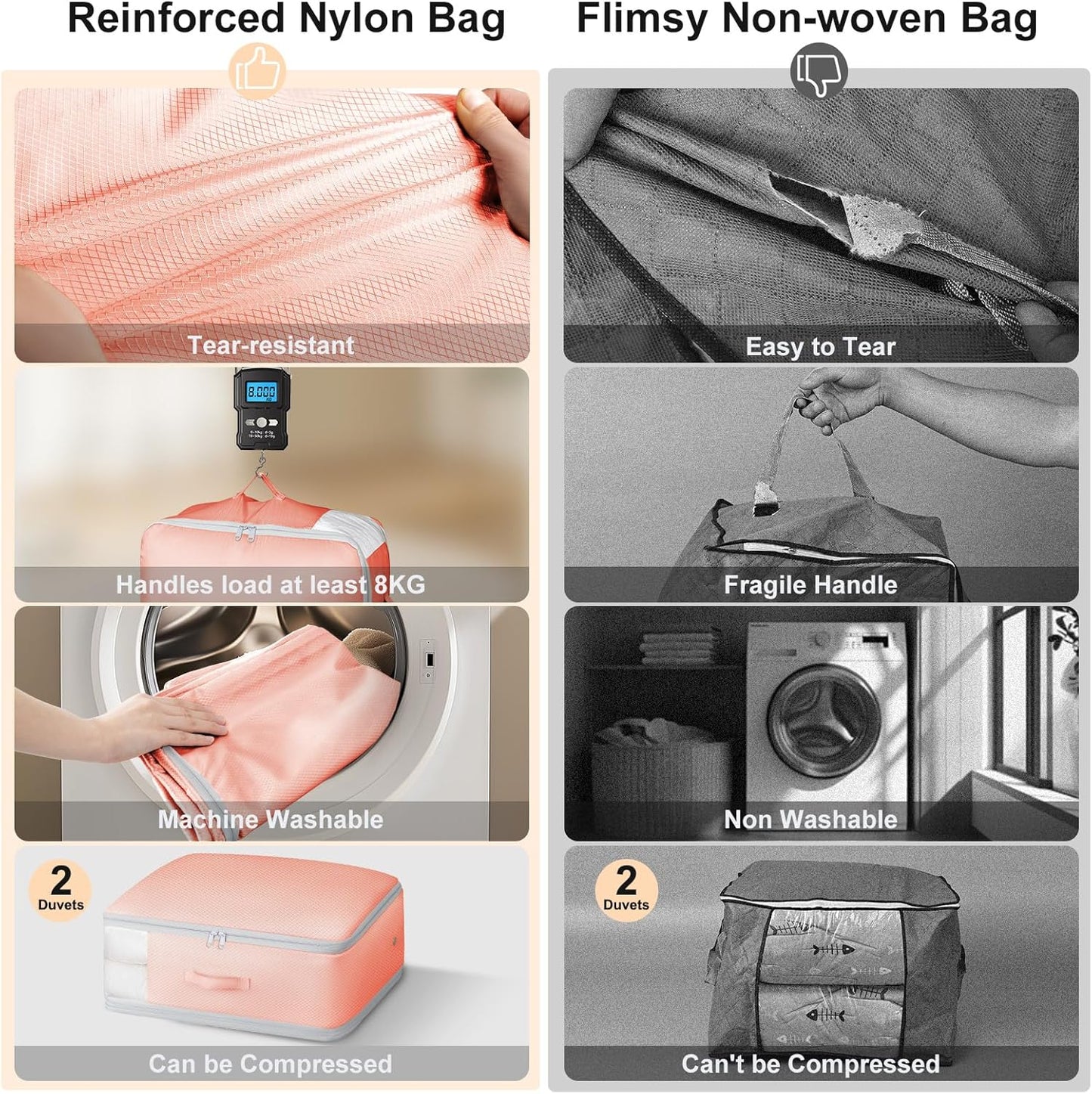 Comforter Storage Bag - Large Capacity Blanket Storage Bags 3-Layer Ultra Space Saving Self Compression Organizer, Washable Compression Bags for Storage Comforter Blanket, 6-Pack, Pink