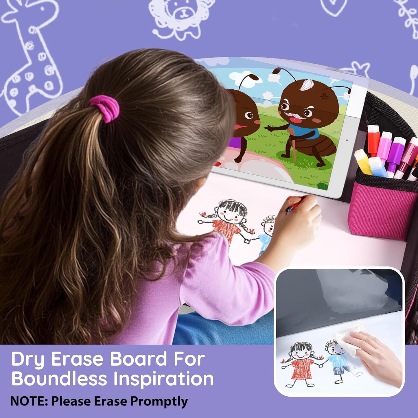 ‎Kids Travel Tray, Kids Travel Trays for Car Seat, Road Trip Essentials for Toddler, Carseat Lap Tray with Dry Erase Board & Storage Organizer for Road Trip Activities for Kid, Pink