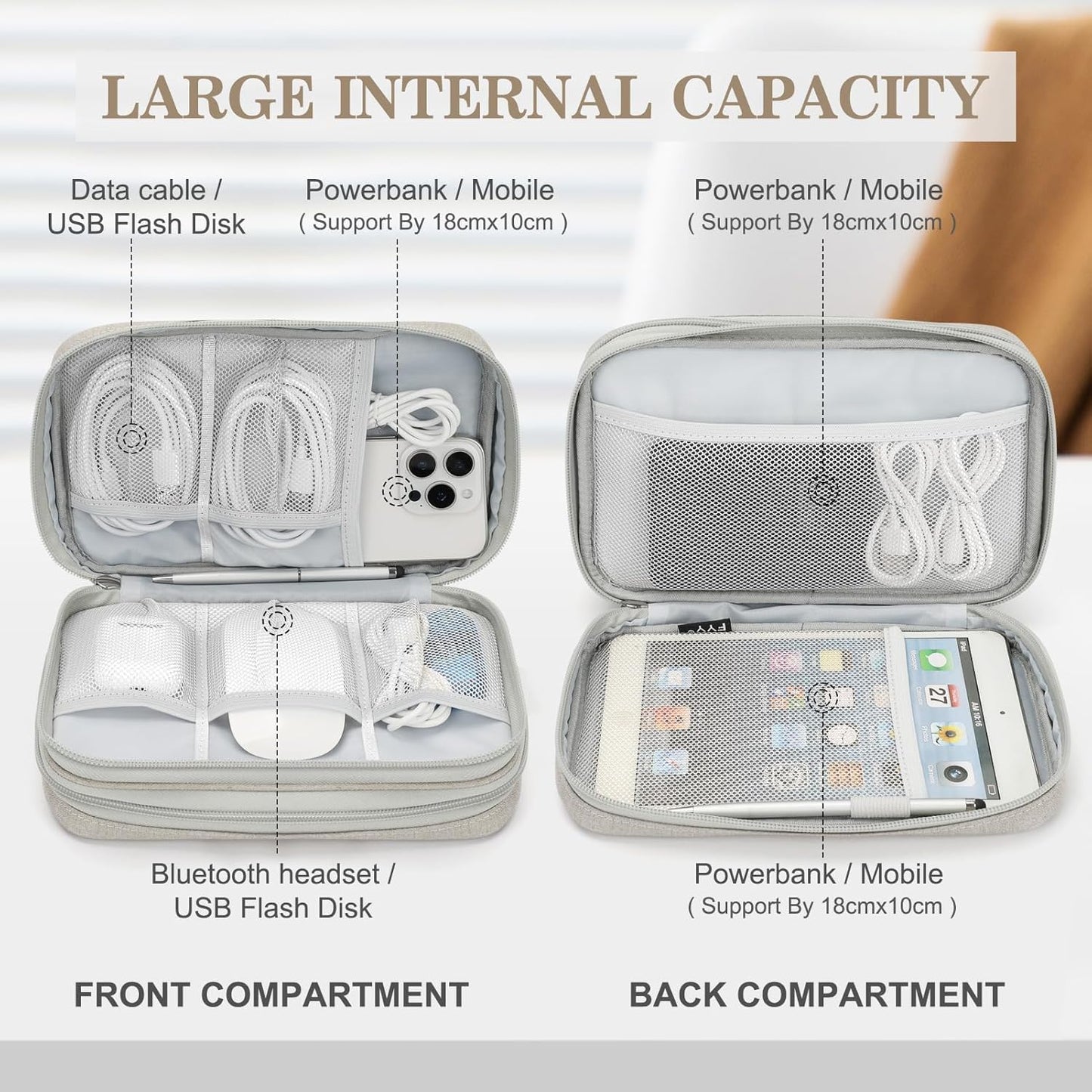 FYY Electronic Organizer, Large Travel Cable Organizer Bag Pouch Electronic Accessories Carry Case Portable Waterproof Double Layers All-in-One Storage Bag for Cable, Cord, Charger, Phone, Khaki