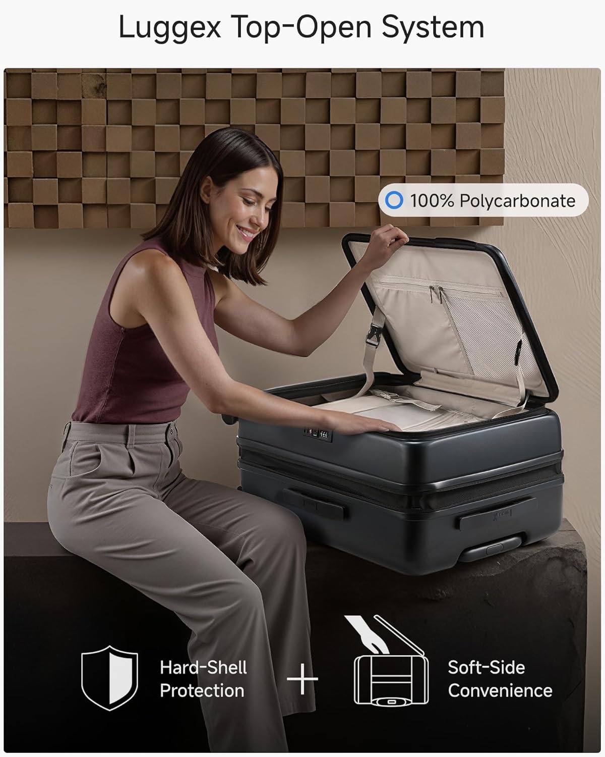 LUGGEX Checked Luggage with Spinner Wheels, FLO5 Expandable Polycarbonate Hard Shell Suitcase with TSA Approved Lock (FX-Core, Black, 24 Inch)