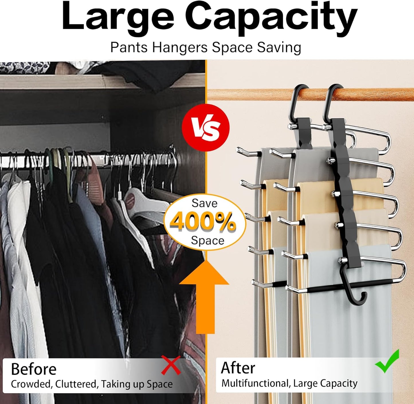 Pants Hangers Space Saving - 2 Pack Closet Organizer and Storage Jean Hangers, Stainless Steel Anti-Slip Clothes Hanger Scarf Holder for Pants Jeans Leggings Trousers Pant Rack, Black