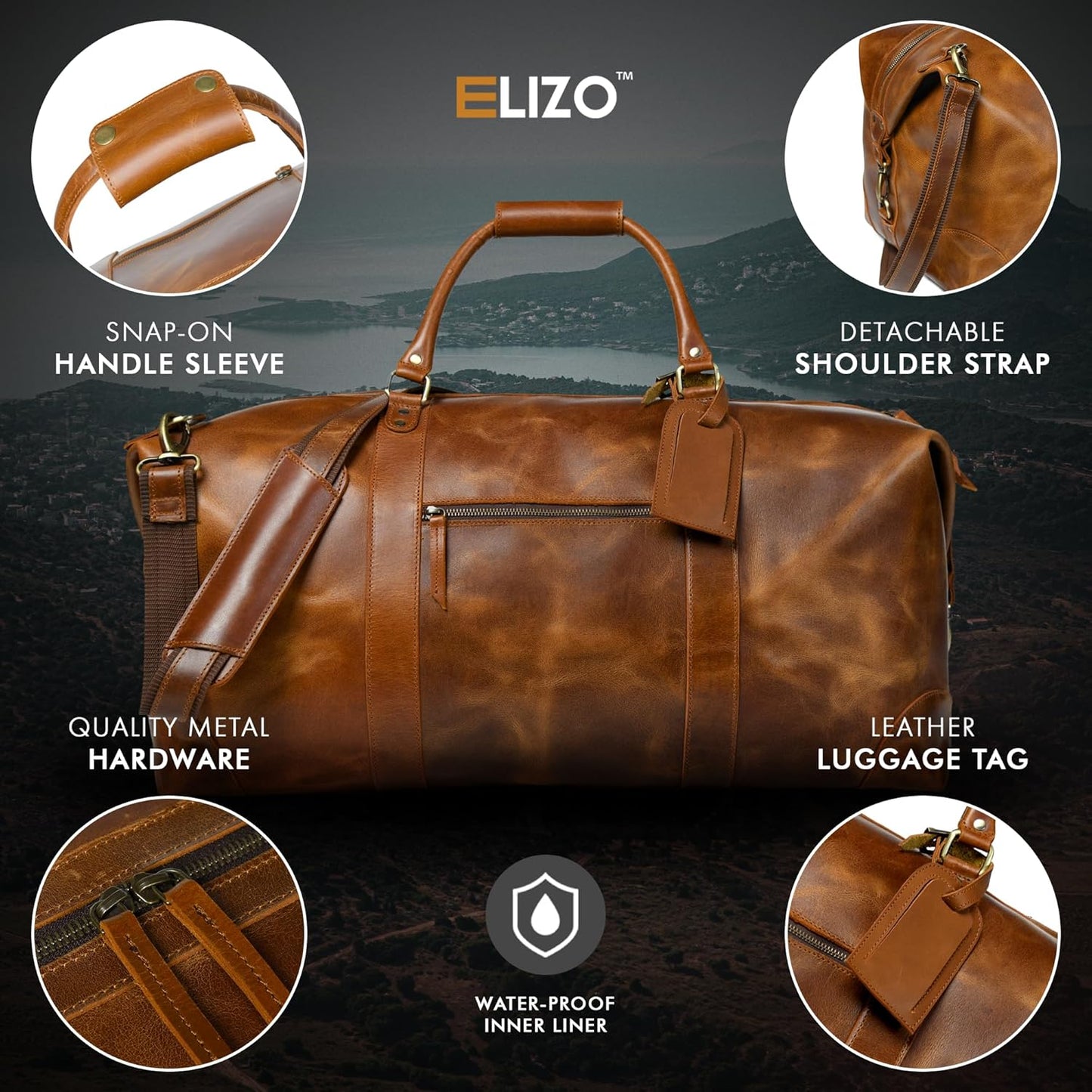 ELIZO Large Leather Duffle Bag For Men Women Big REAL FULL GRAIN Travel Overnight Weekender Carry On Luggage Sports Gym Bags (Tan 24 Inch) Heritage