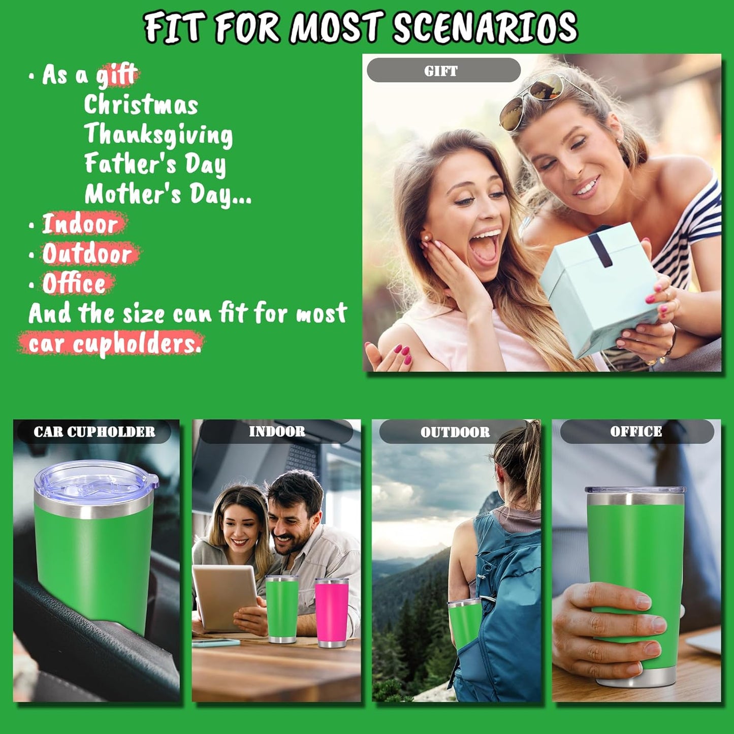 20 oz Tumbler with lid Double Wall Vacuum Insulated Tumblers Stainless Steel Coffee Mug Travel Coffee Tumbler Powder Coated Tumbler Cup Keep Hot&Cold - (Green 12 Pack)