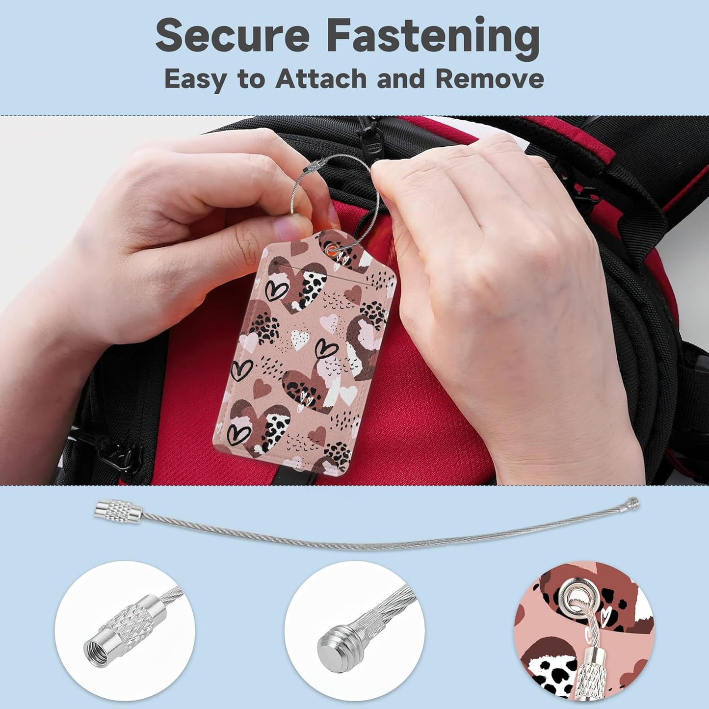 Set of 2 Luggage Tag for Suitcases LeatherAbstract Leopard Print Hearts Tags with Stainless Steel Loop Privacy Name ID Card Cover Travel Bag Labels Set for Women Men Kids Girls