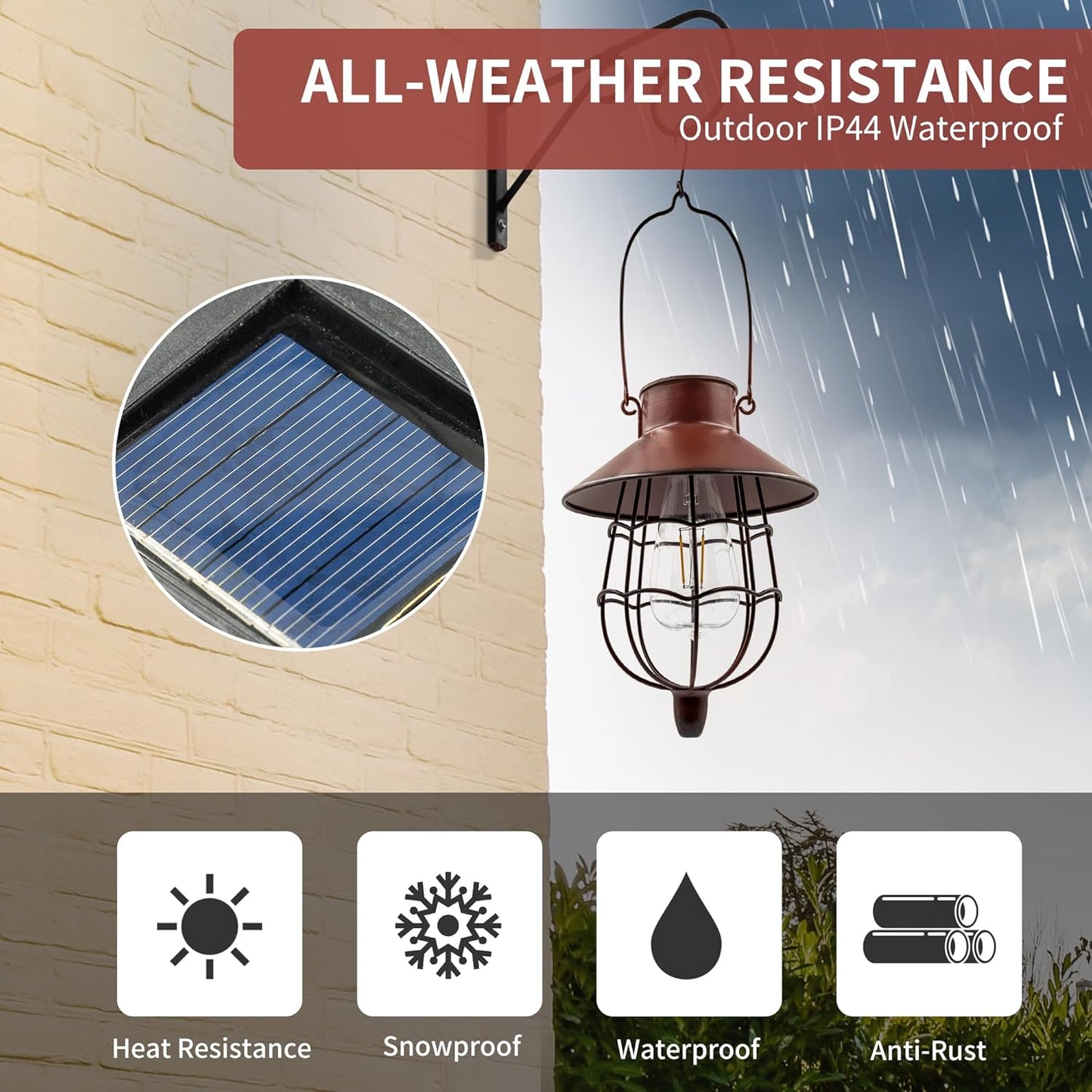 2 Pack Solar Lanterns Outdoor Waterproof Hanging Solar Lights with Vintage Metal Warm White Light Edison Bulb Design, Decorate for Garden Yard Porch and Christmas (Red)