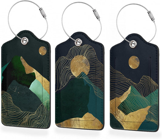 3 Pack Luggage Tag for Suitcase,Green Gold Abstract Mountains Moon Leather Luggage Tags with Privacy Cover Name ID Label Identifiers Travel Bag Tags for Women Men Boys Girls