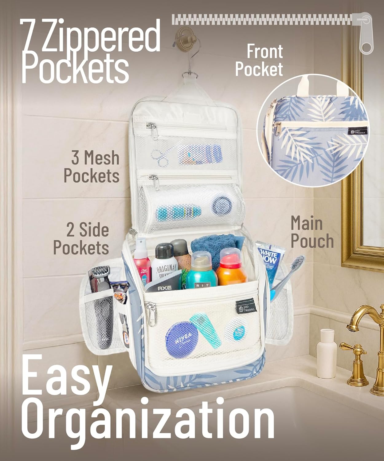 D&D Hanging Travel Toiletry Bag for Men and Women – Cosmetics, Makeup and Toiletries Organizer Kit with 10 Compartments, XXL Metal Swivel Hook, Water-Resistant Nylon