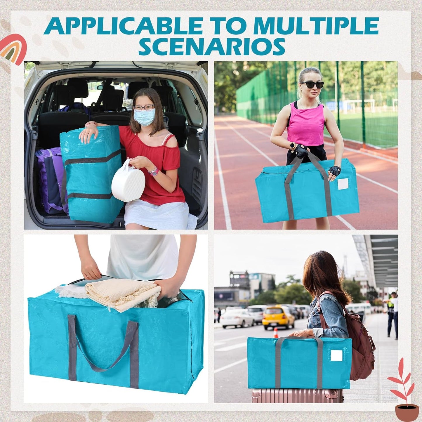 8 Pack Extra Large Moving Bags Heavy Duty Packing Bags with Extra Long Handles and Zippers Storage Totes for College Students Room Dorm Essentials Packing Supplies(Blue)