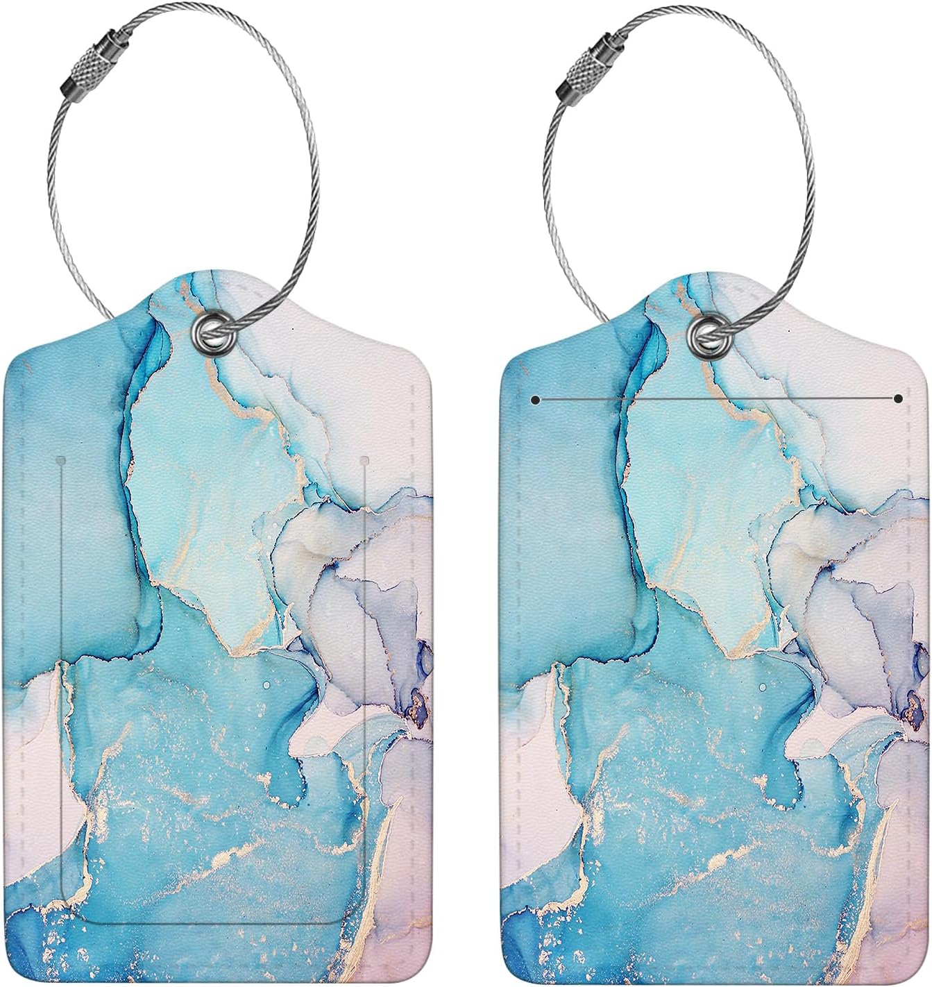 2 Pcs Luggage Tags for Suitcase, Cute Unique PU Leather Travel Bag Tag with Privacy Cover ID Label Address Card and Durable Metal Ring Suitable for Men Women Children Backpack,Blue Marble