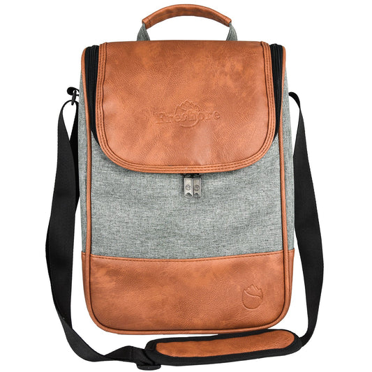 2 Bottle Wine Set Leather Insulated Bag As Gift - Luxury 2 Bottle Carrier Design For Picnic/Travel - Idea Gift For Women/Man (Reserve Place For Corkscrew Opener ＆ Cheese, Gray Brown)