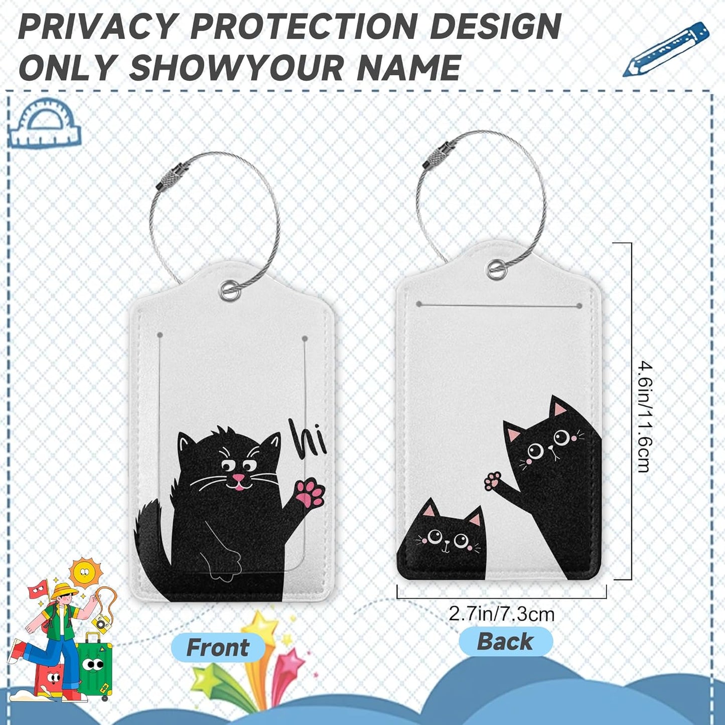 2 Pack Luggage Tag for Suitcase, Funny Black Cat Leather Bag Tags Identifiers Privacy Cover ID Label with Durable Steel Loop for Women Men Kids Girls Travel