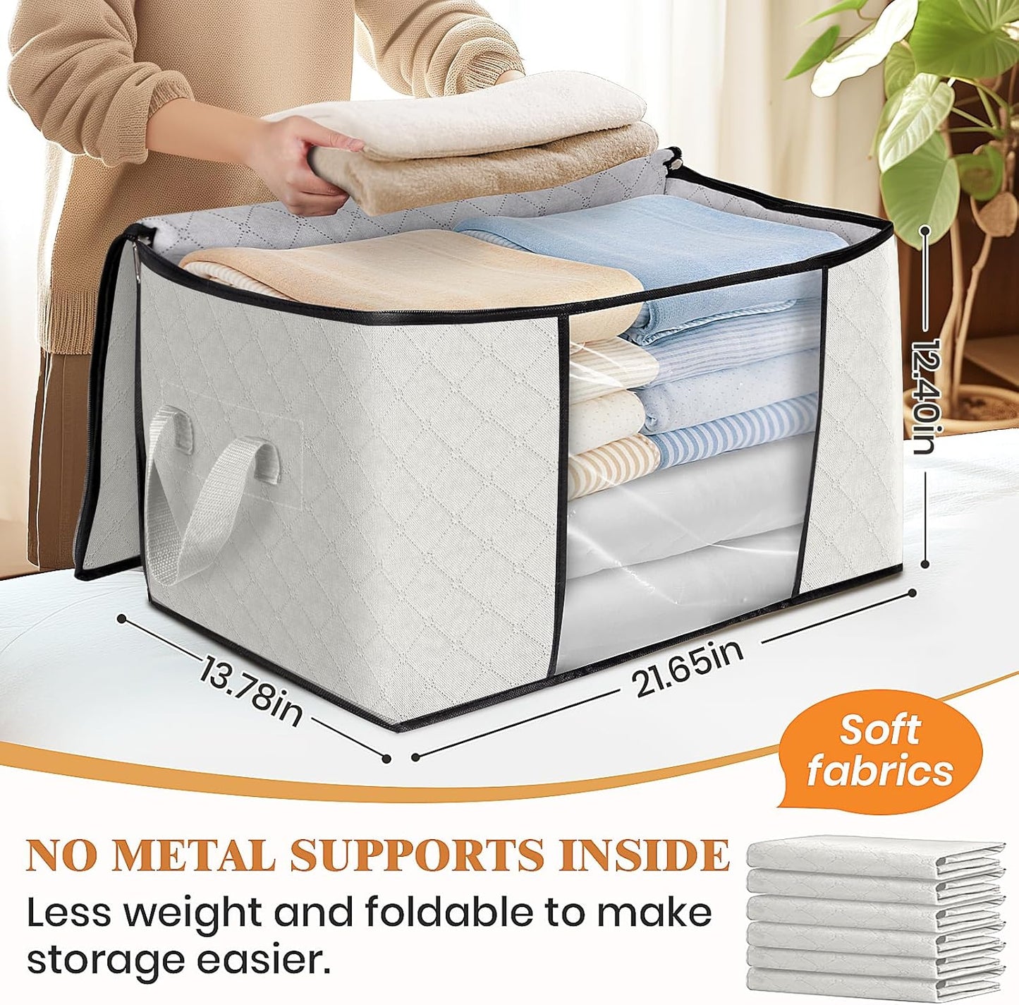 Fab totes 3 Pack Clothes Storage, Foldable Thick Fabric Blanket Storage Bags, Containers for Organizing Bedroom, Closet, Clothing, Comforter, Organization with Handle,Ivory White