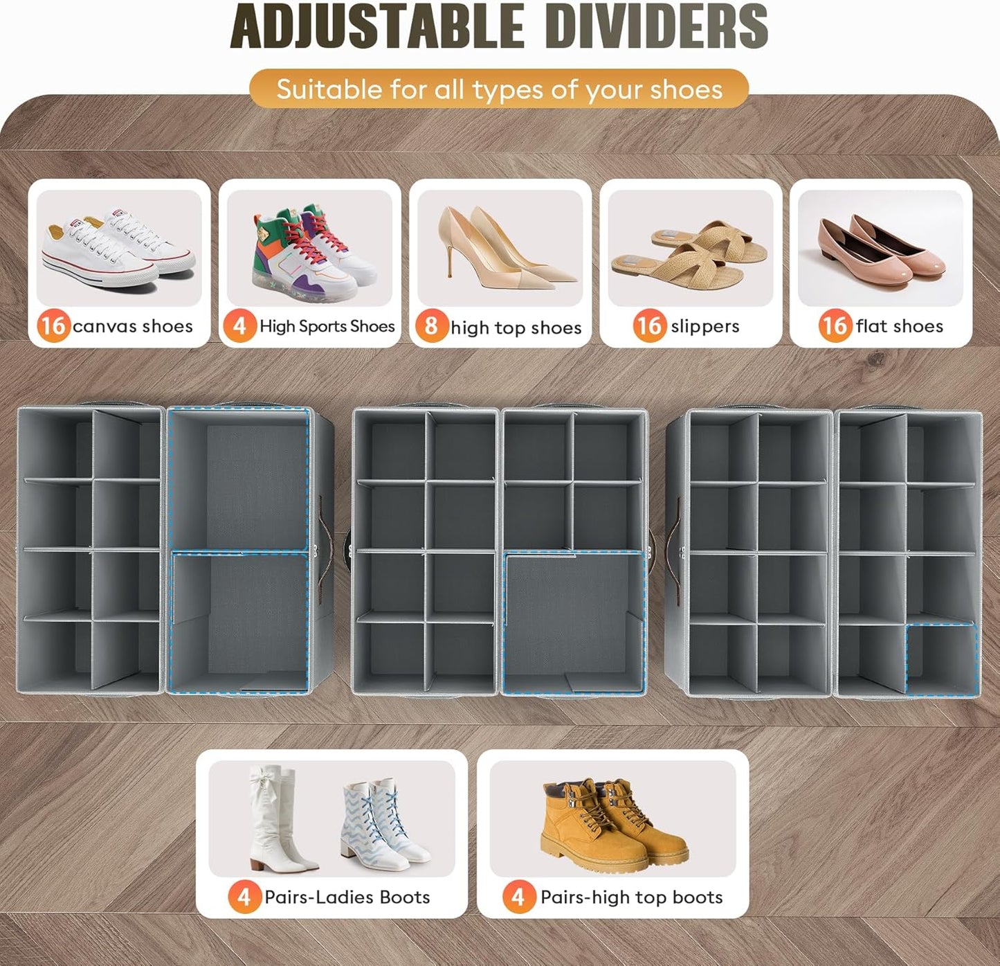 Budding Joy 2 Pack Shoe Organizer for Closet, Clear Foldable Shoe Storage Containers Adjustable Dividers Fits 16 Pairs,Shoe Storage Bins Baskets Boxes with Reinforced Handles Light Grey Greenish Grey