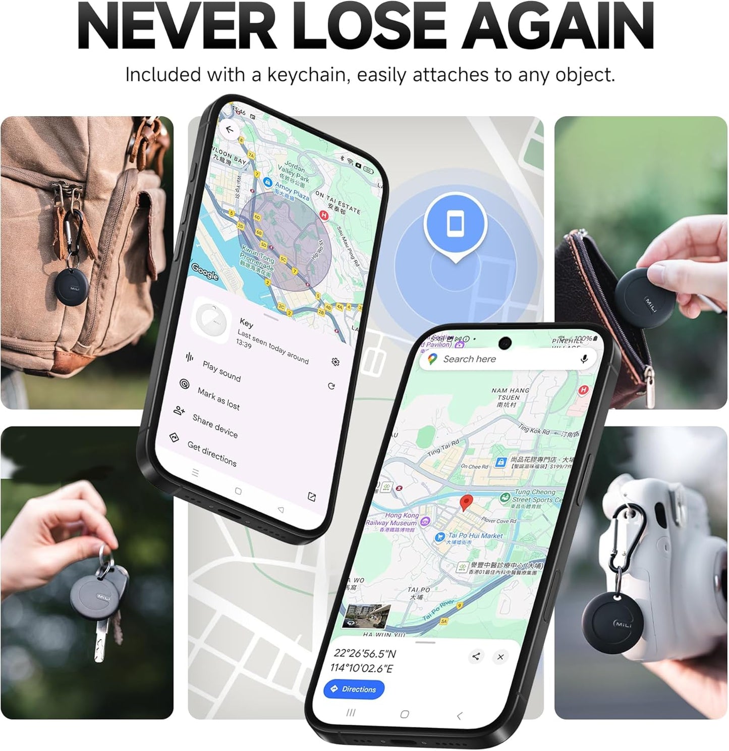 MiLi MiTag Bluetooth Tracker for Android, Google Certified Key Finder/Luggage Tracker/Item Locator, Smart Tracking Tag for Google Find My Device (Find Hub) App (BLK, 2PCS)