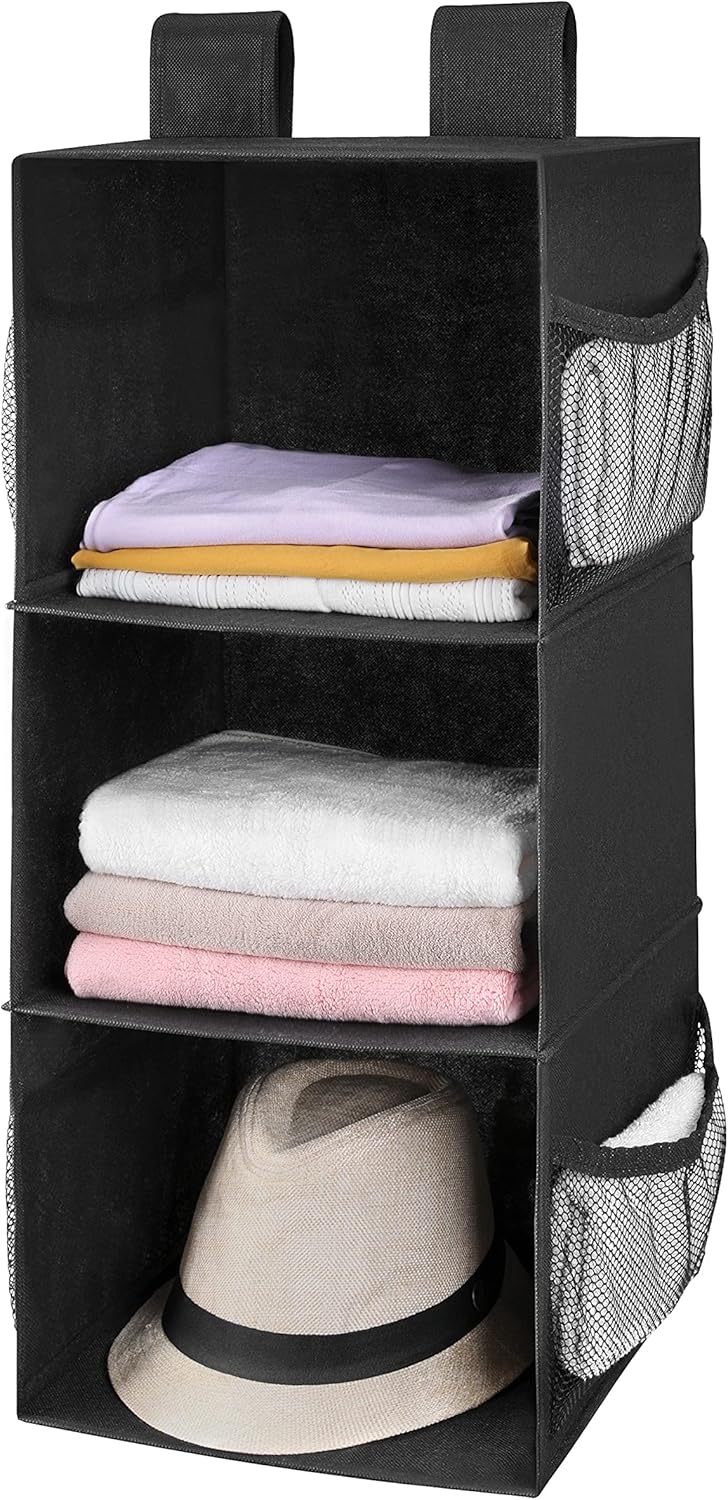 MAX Houser 3-Shelf Hanging Closet Organizers, Collapsible Closet Hanging Shelves for Camper, Nursery Hanging Organizers, Black, 2-Pack