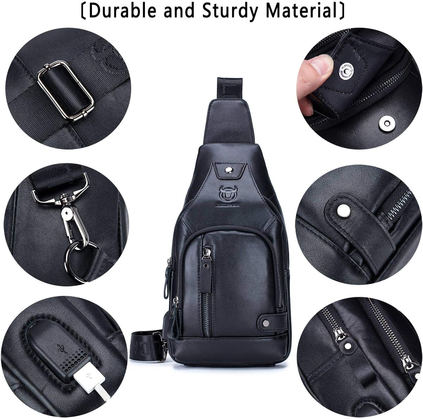 BULLCAPTAIN Leather Sling Bag Mens Chest Bag Casual Shoulder Crossbody Bags Travel Hiking Backpacks Daypack with USB Charging Port (Black)