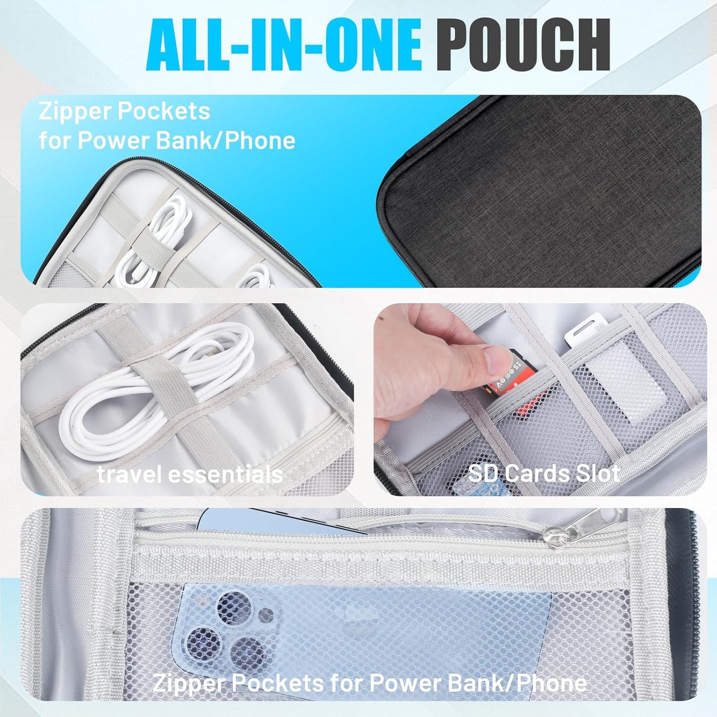 Travel Cable Organizer Bag, Electronics Organizer Tech Pouch with Double Layers for Cords, Chargers, Phone, Earphones, USBs, SD Cards - Travel Essentials Portable Waterproof Tech Pouch