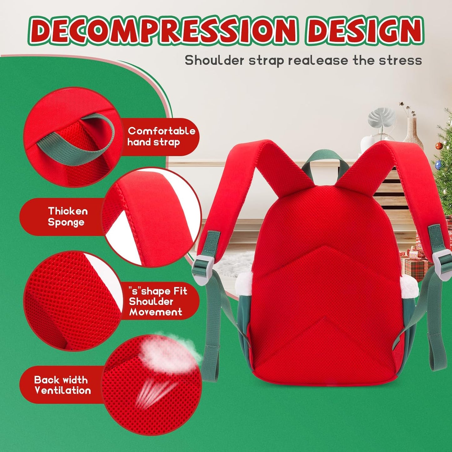 SUN EIGHT Kids Christmas Backpack – Glow in the Dark Santa & Reindeer Design, Lightweight Waterproof School Bag with Plush Stocking Charm & Gift Bag – Perfect Holiday Present for Boys and Girls